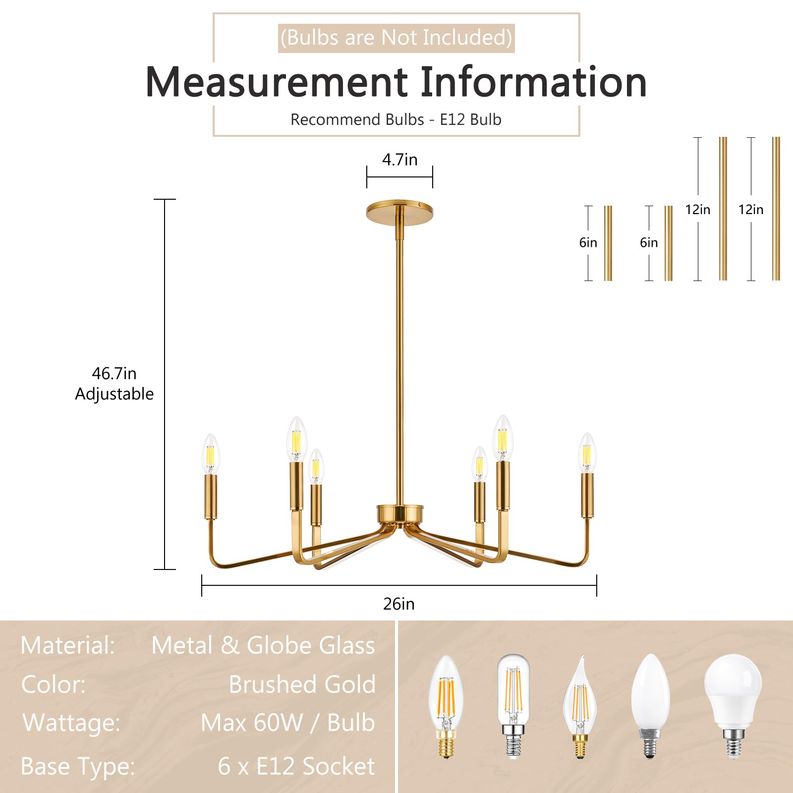 Jonsi Gold Chandelier - 26'' Modern Brushed Brass Chandelier Light Fixture 6 Light Industrial Candle Lighting Hanging Ceiling Fo