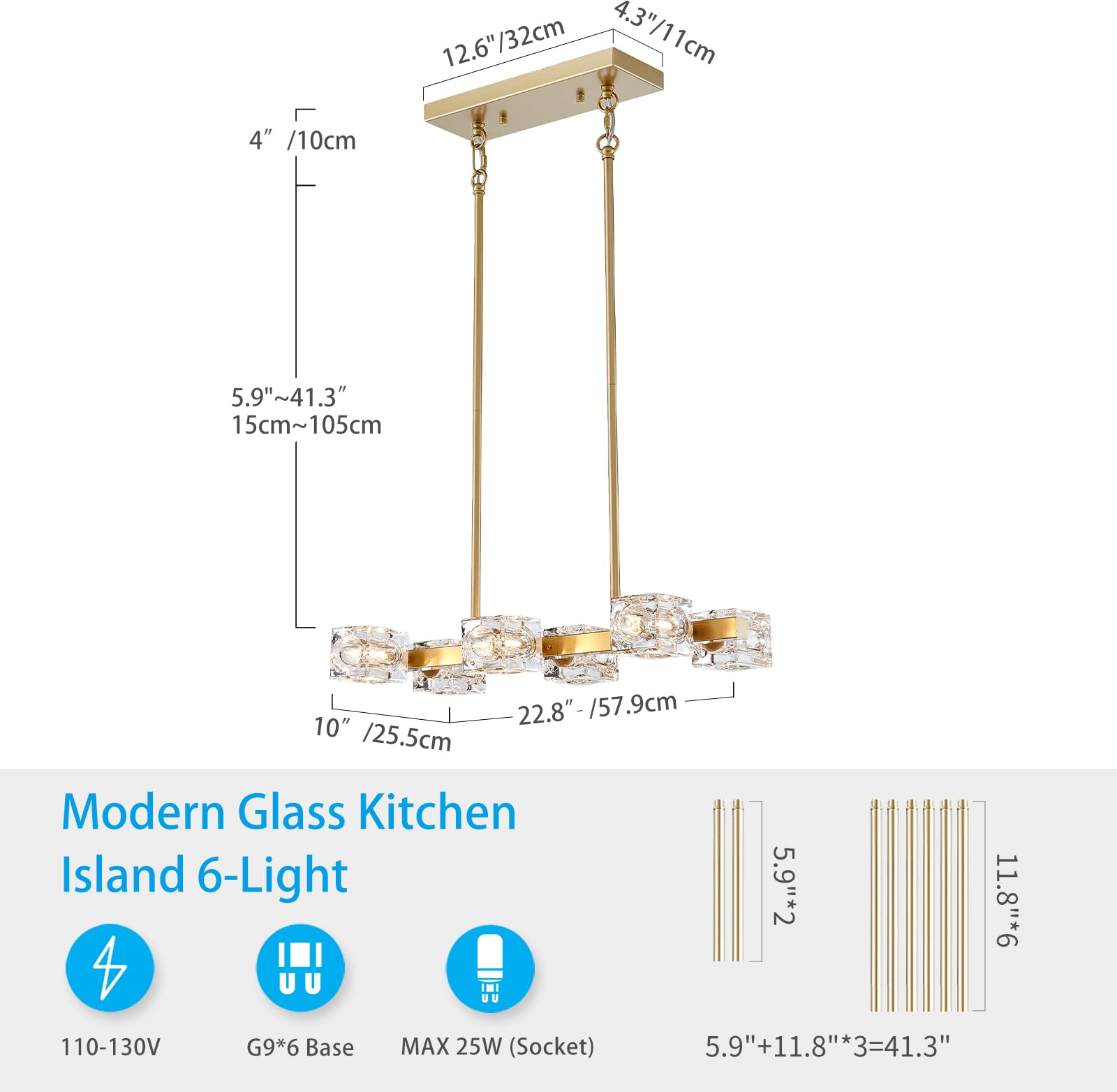 XINGQI 6-Light Gold Linear Chandelier - Metal Industrial Pendant for Kitchen, Dining, Living Room