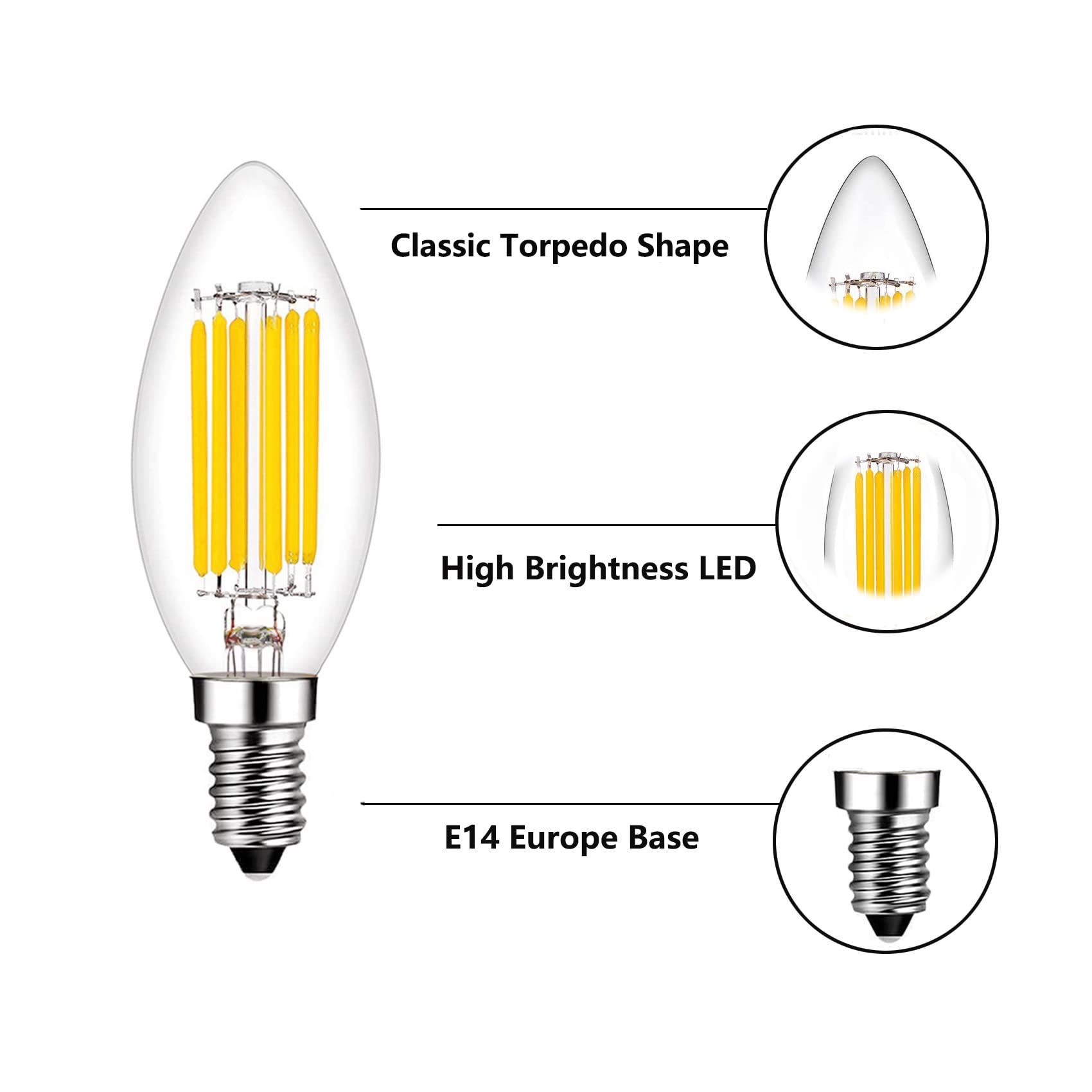 Beonllay E14 6W LED Bulb, Dimmable 2700K Warm White, Glass, 600 Lumens, C35 Model, 4 Pack