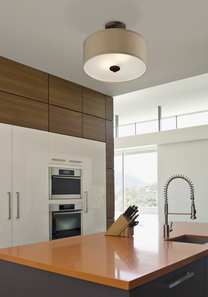 Possini Euro Design Halsted Mid Century Modern Ceiling Light Semi-Flush Mount Fixture Brushed Bronze 15'' Wide Oatmeal Linen Dru