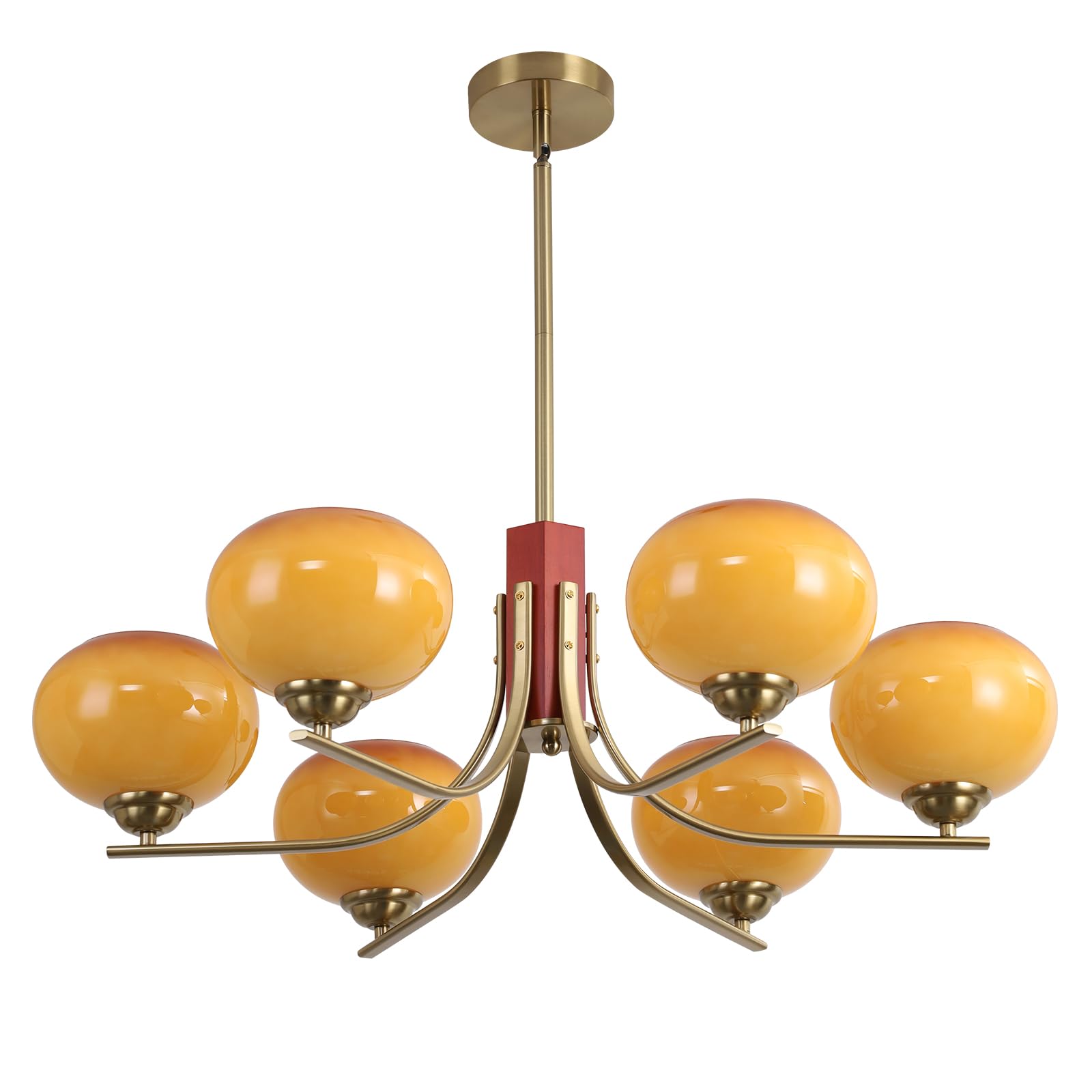 BOKT Vintage Orange Glass Chandelier 6-Light Gold Sputnik Pendant Light Mid-Century Wooden Retro Ceiling Lighting Fixture Adjust