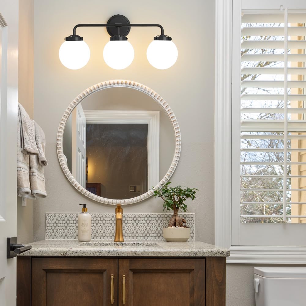 Deyidn Black Bathroom Light Fixtures Over Mirror, 3-Light Modern Vanity Lighting With Milk White Glass Globe Shade Wall Sconce