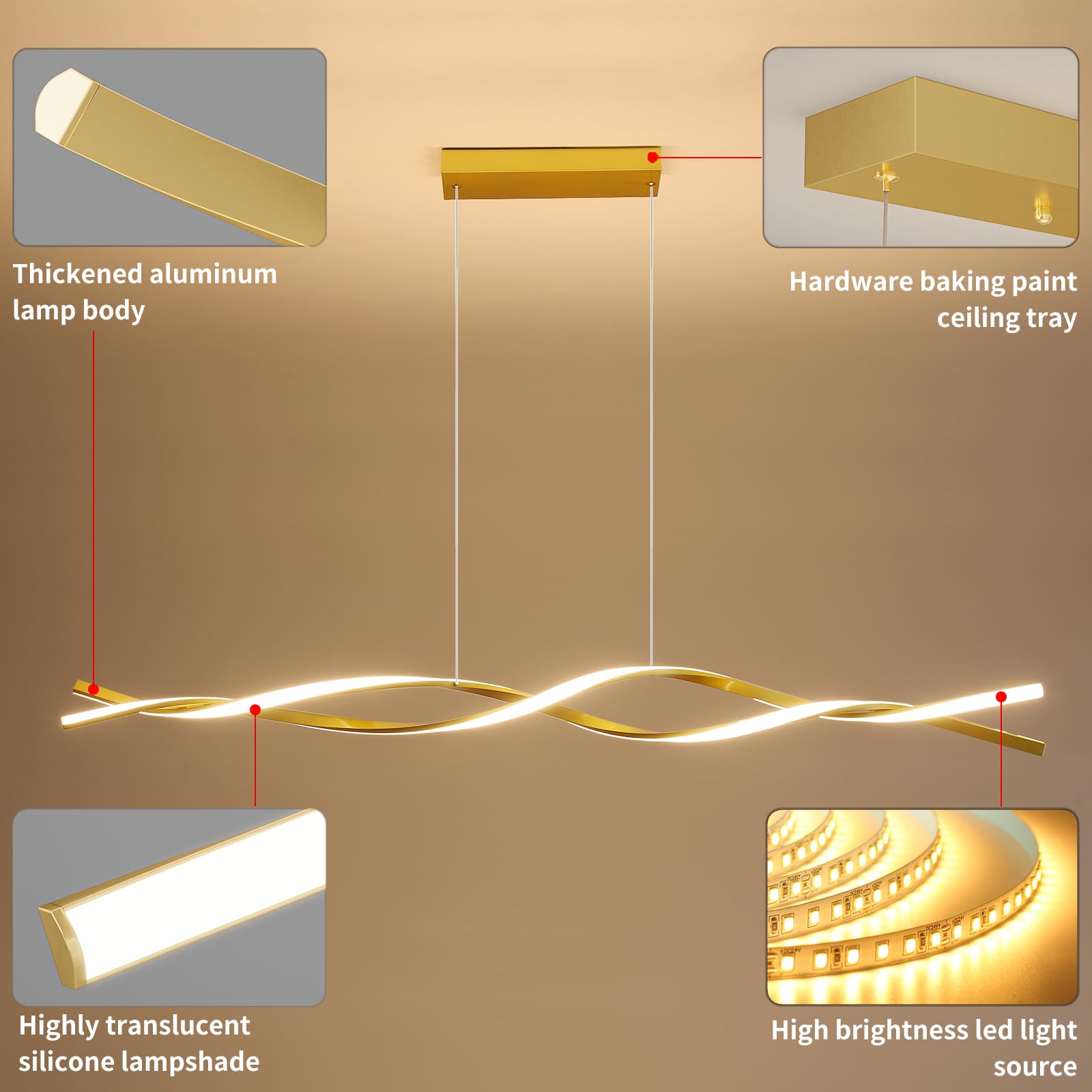 Matven Modern Ceiling Pendant Light, With Remote Control Dimmable 3 Color Mode & Brightness Ceiling Lamp, Anti-Flicker Dining Light Fixture For Kitchen, Dining Room (Gold, 59In)