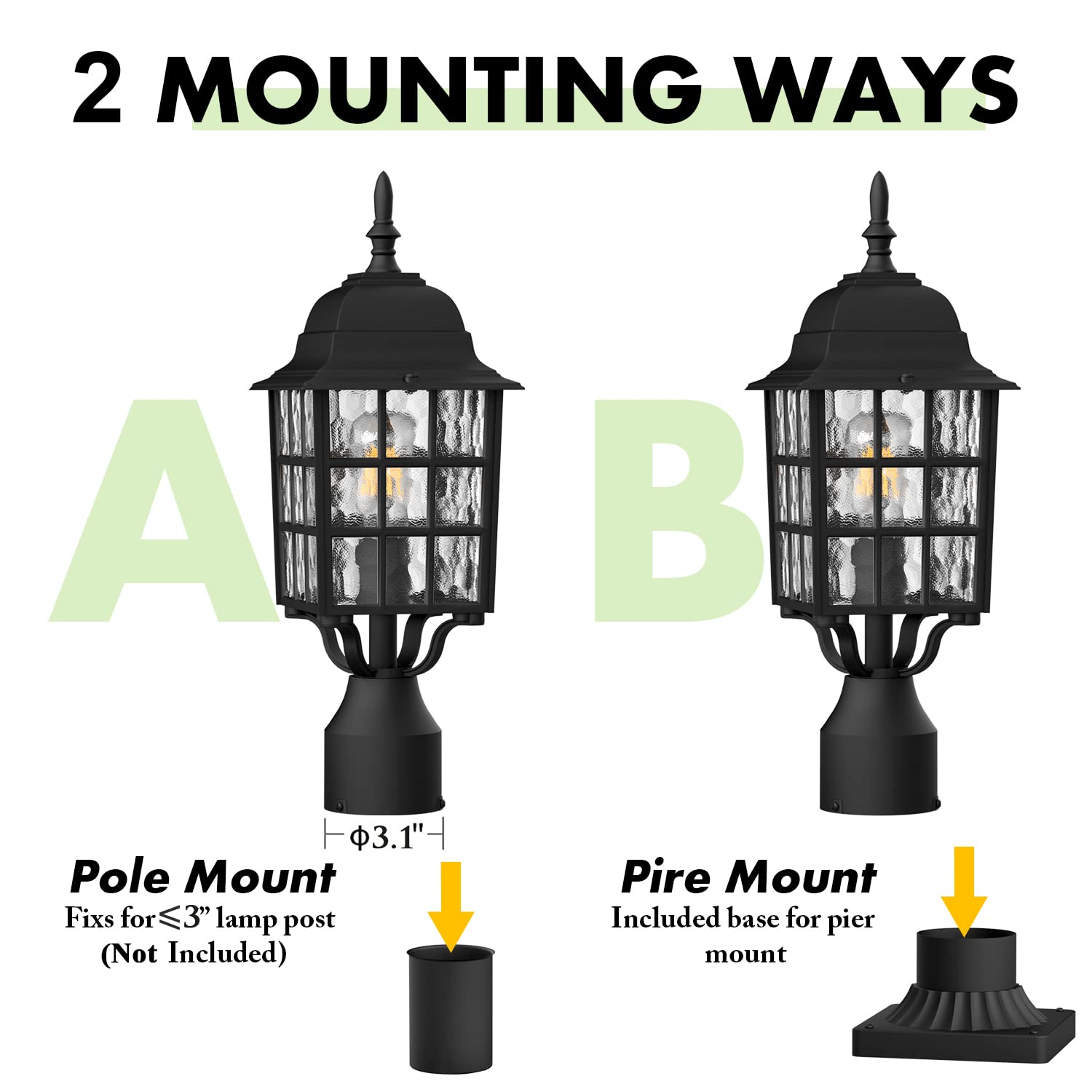 Aoceley Dusk To Dawn Outdoor Post Light, Black Aluminum Lantern With Water Ripple Glass