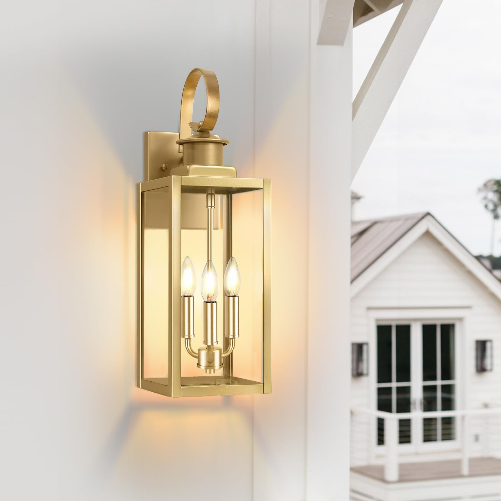 19'' Large Outdoor Wall Lantern, Gold Waterproof Outside Wall Sconce Lights For House, Anti-Rust Exterior Lighting Fxitures With