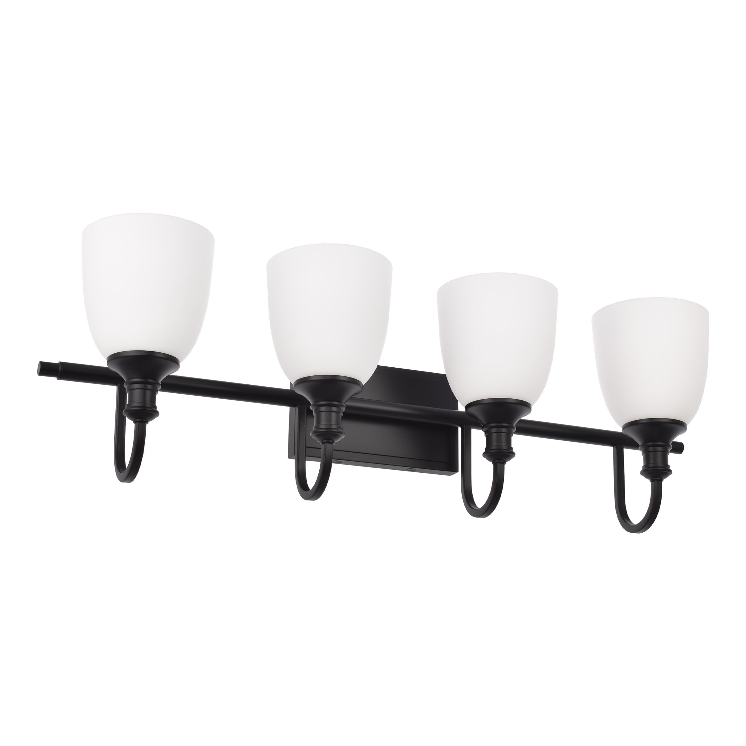 Hanaloa 4-Light Bathroom Vanity Light Fixtures, Vintage Matte Black, Alloy Steel, Milk Glass Shade, Model VA0049-4-MB