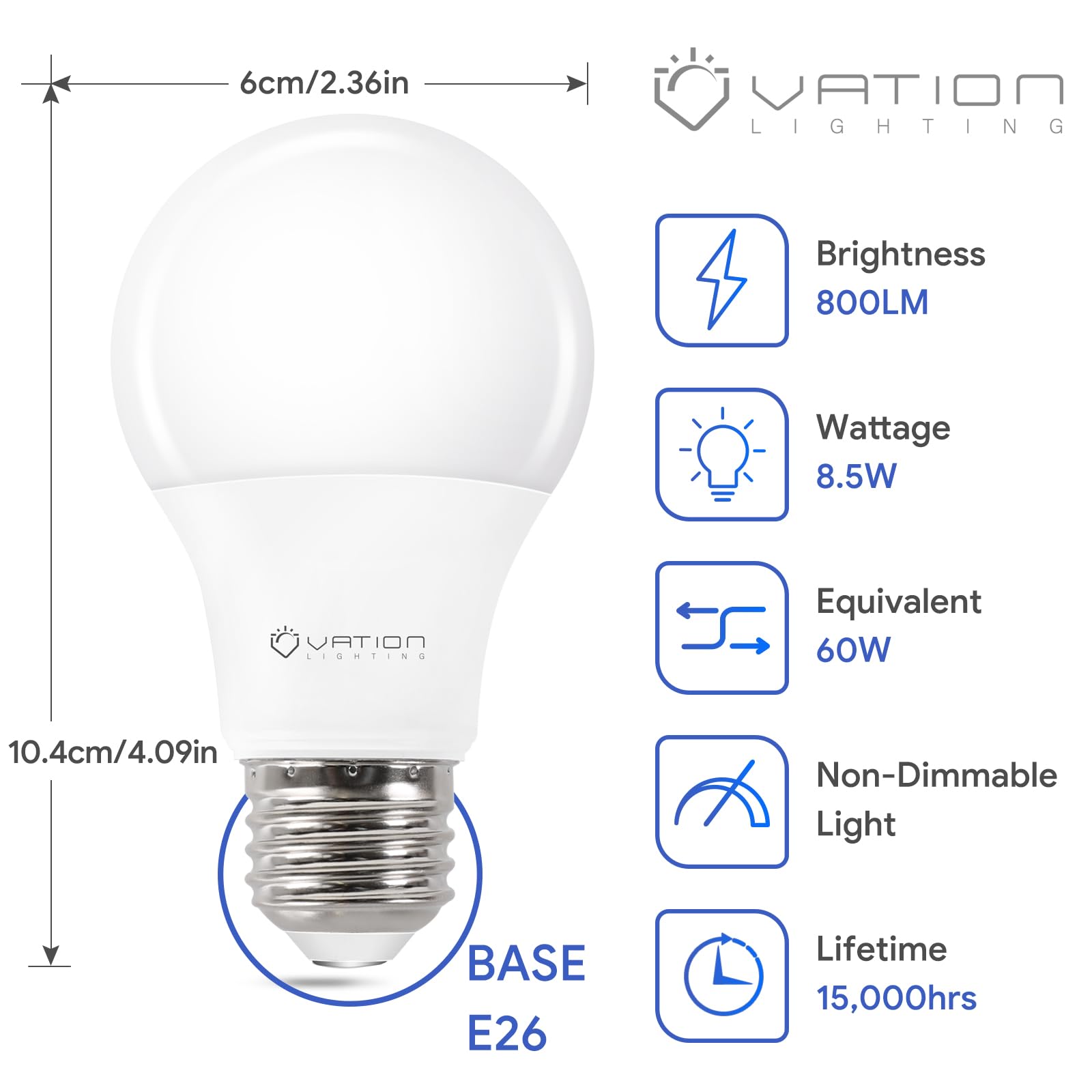Vation Lighting A19 Led Light Bulbs 60W Softwhite 2700K, 8.5Watt Efficient, 60 Watt Equivalent, 800 Lumens, E26 Medium Base, Non-Dimmable, Etl/Ul Listed, 24 Pack