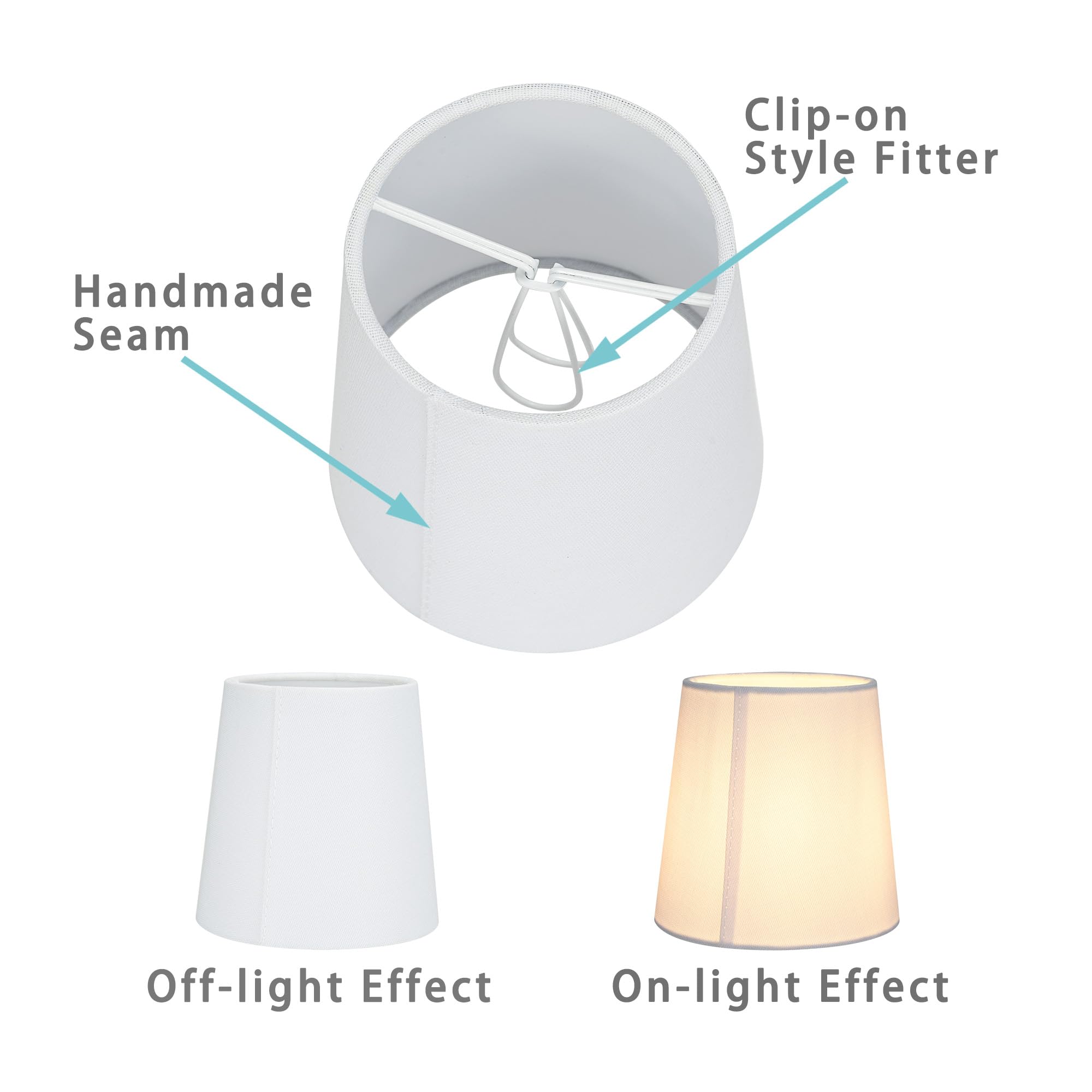 Lampwell Clip-On Chandelier Shades Set Of 6, Small Barrel Fabric, Handmade, White, Candle Bulb