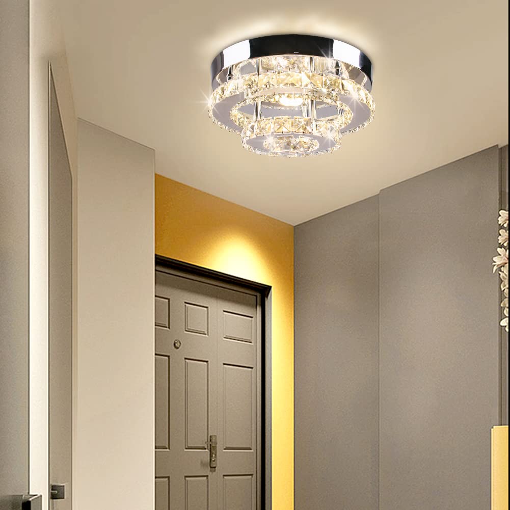 Cainjiazh Mini Chandelier Led Crystal Ceiling Light 2 Layers Round Flush Mount Ceiling Light Modern Chandelier Lighting For Hallway Staircase Kitchen Bathroom (Multicolor)