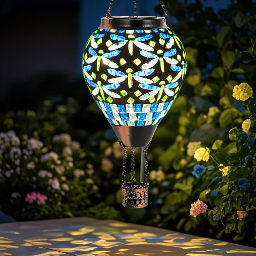 Starsoul Solar Lantern Hot Air Balloon - Mosaic Dragonfly Design, Outdoor Hanging Light for Garden Patio Party Decorations