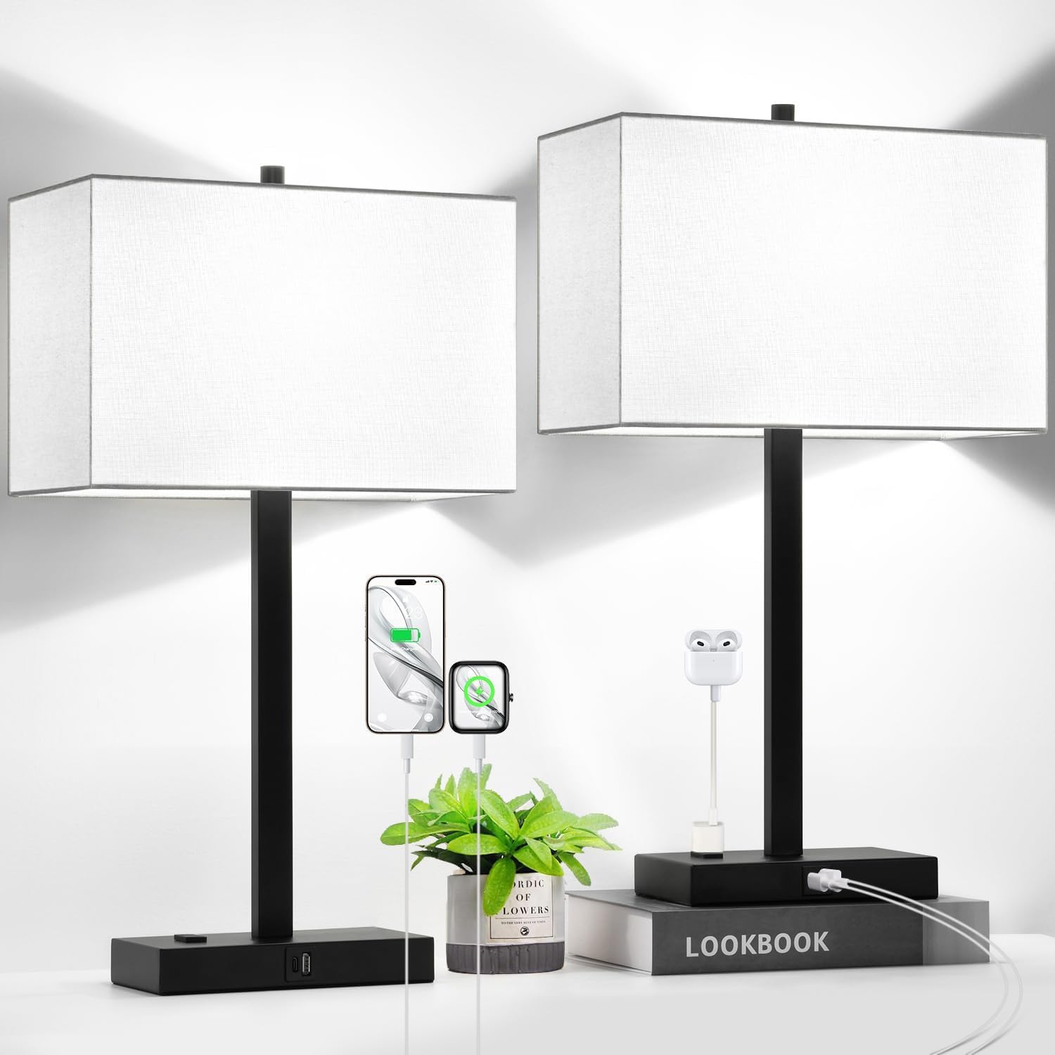 Lynnoland 21 Set of 2 Table lamp with USB A+C & AC Outlets, Touch Control 3-Way Dimmable Nightstand Lamps for Bedroom Living Roo