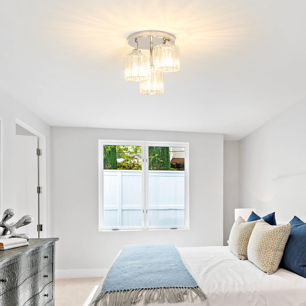 Lxybcce Crystal Ceiling Light Fixture, Chrome Semi Flush Mount Ceiling Light Fixture, 3-Light Hallway Light Fixtures Ceiling Wit