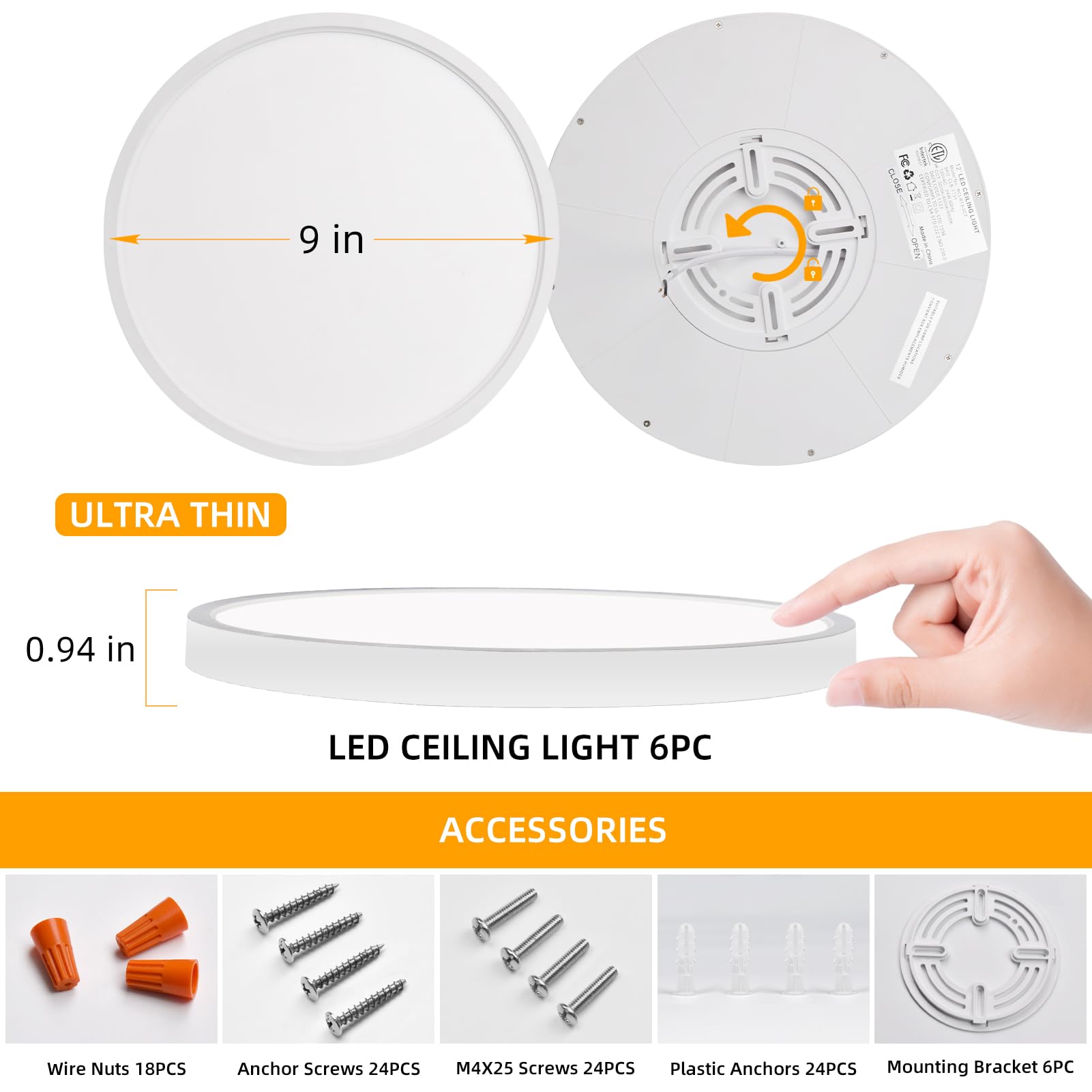 Hlite 6Pack 9 Inch Flush Mount Led Ceiling Light Fixture,18W 1800Lm Super Slim Light Fixtures Ceiling Mount 3000K/4000K/5000K 3C