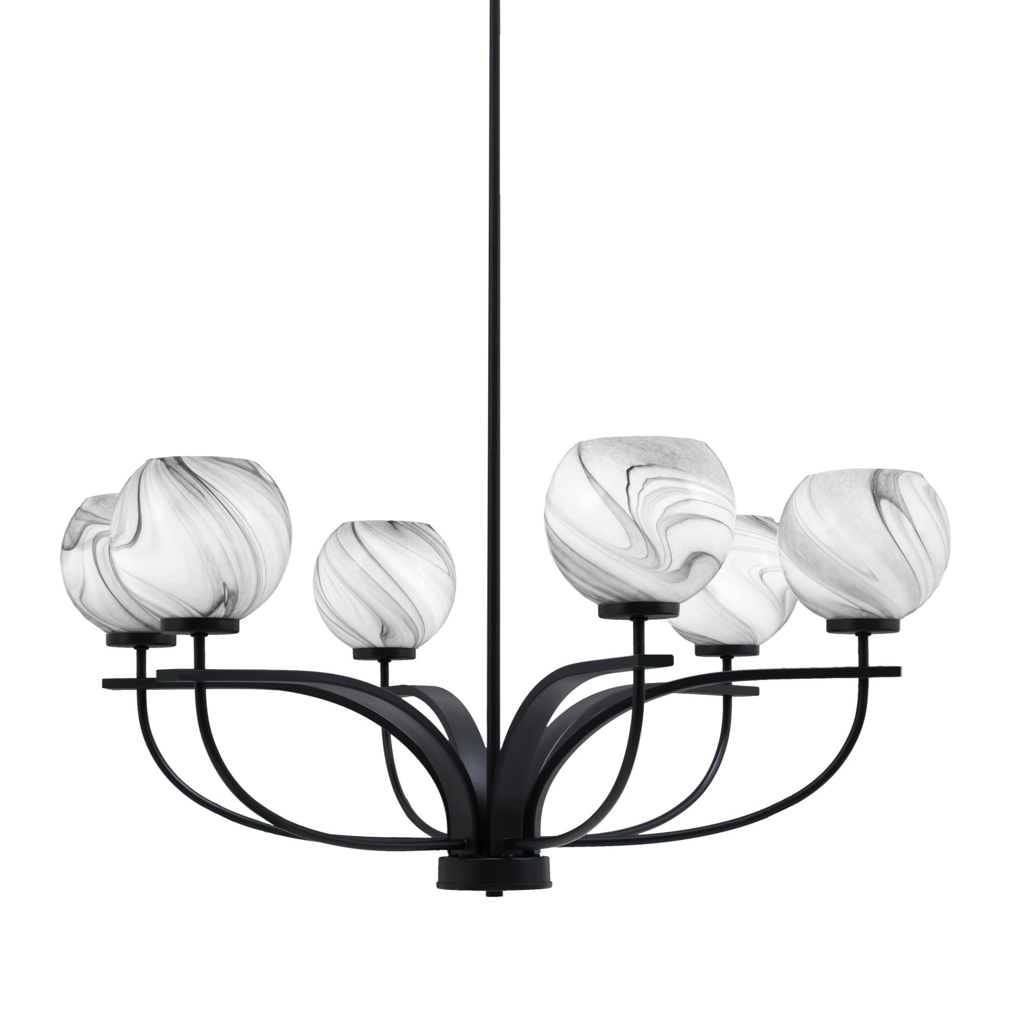 Toltec Lighting Cavella 6 Light Chandelier Shown in Matte Black Finish with 5.75&quot; Onyx Swirl Glass