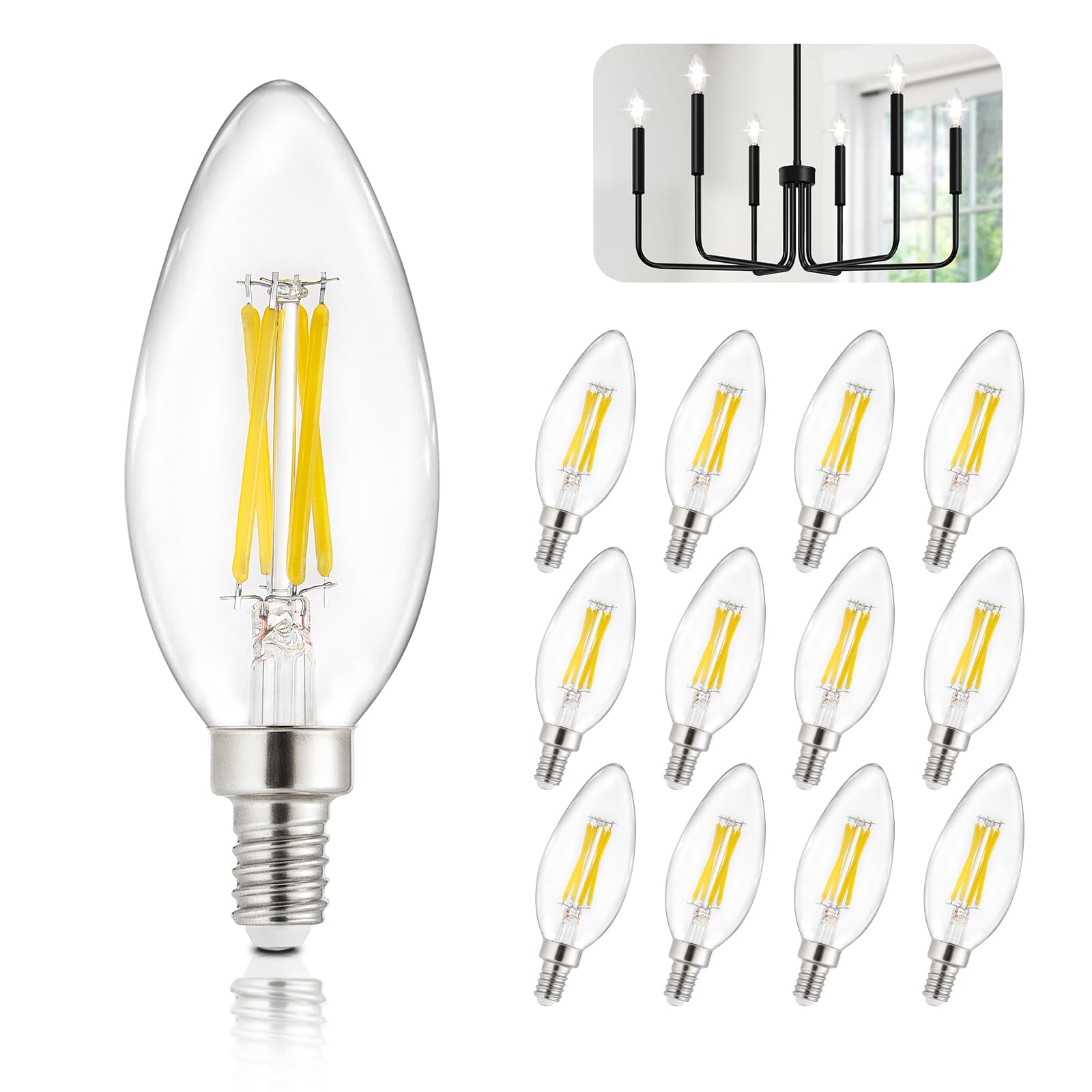 Depuley LED Light Bulbs E12: Candelabra Candle Light Bulb 4W Equivalent 40W Incandescent - LED Chandelier Light Bulbs 5000K Daylight - C35 Clear Filament Bulb E12 Base 500 LM 90+ CRI 12 Pack