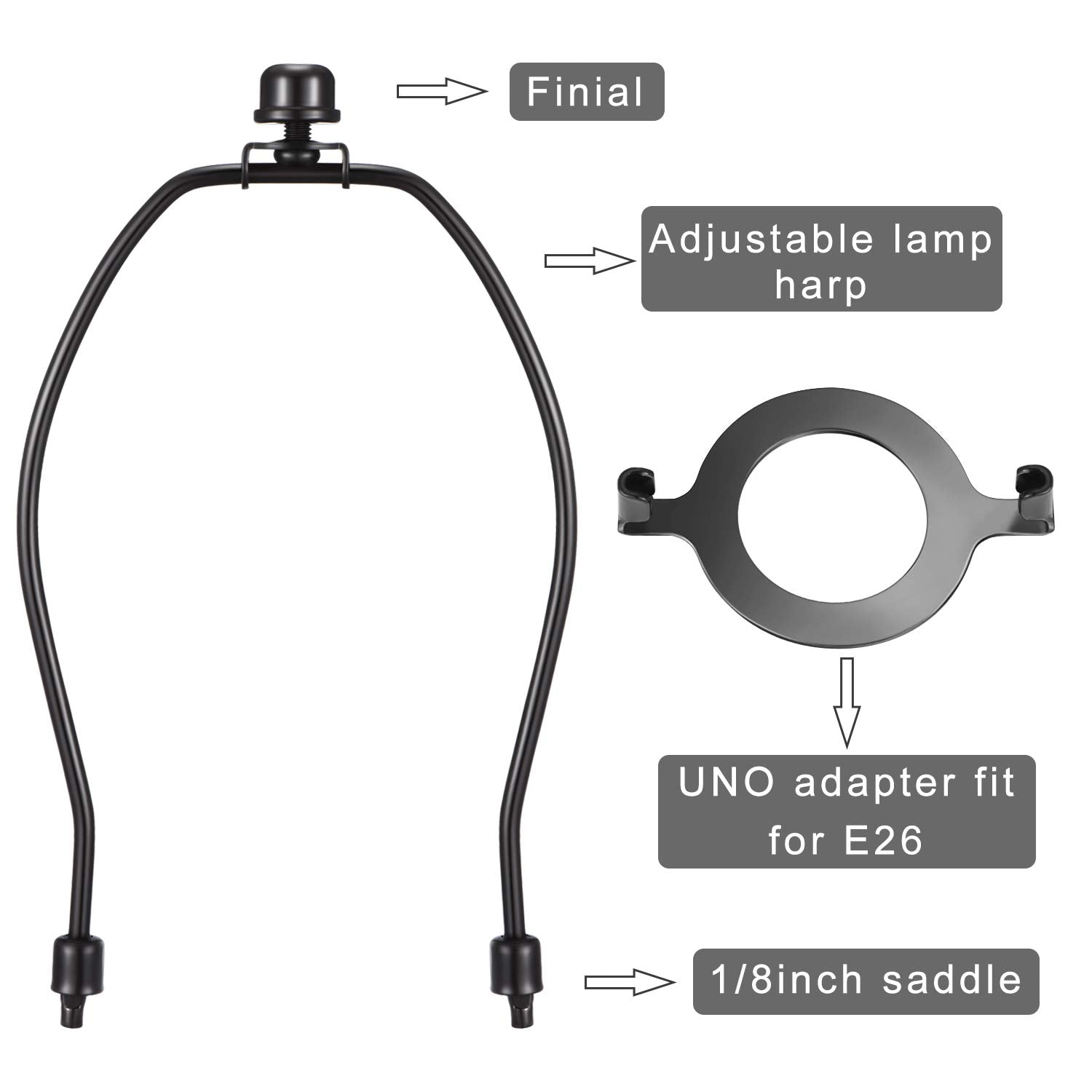 Canomo Lamp Harps for Table & Floor Lamps, 8 Inch, Black, Metal, E26 UNO Base, Model B-1, 2 Packs
