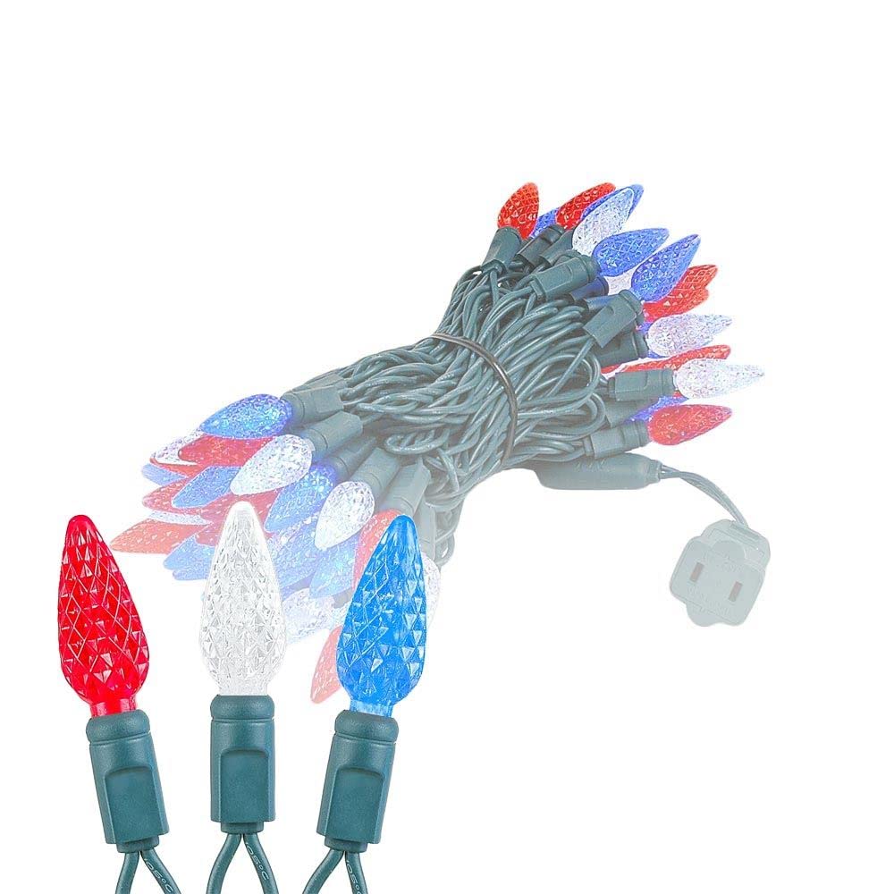 Novelty Lights C6 LED Christmas Mini Light Set, 70 Lights, Commercial Grade, 24 Feet, Red/White/Blue, Green Wire, Model CGC670-G-R/PW/B