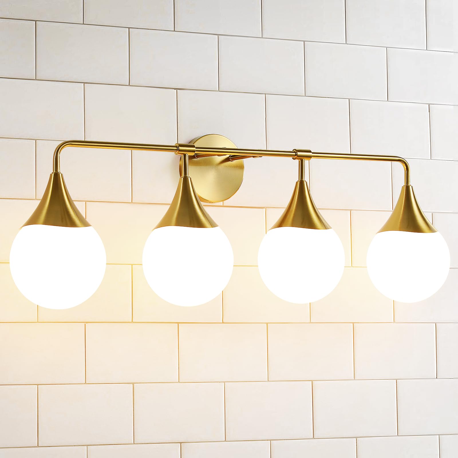 Hahzt Bathroom Vanity Light Fixtures: 4 Lights Mid Century Modern Bathroom Lighting Fixtures Over Mirrors - Brass Gold Wall Sconce With Milky Glass Ball Shades For Bath Bedroom