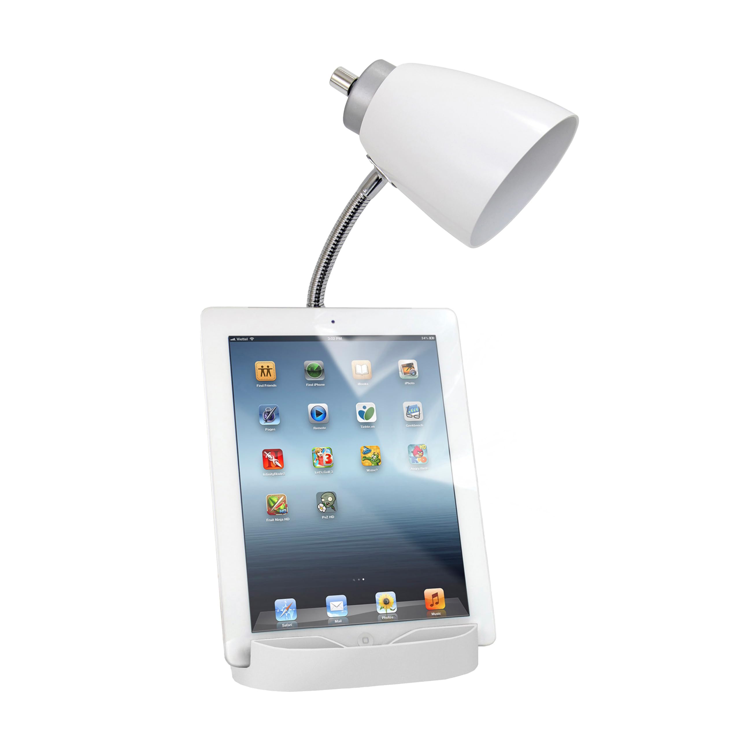 Simple Designs LD1094-WHT 18.5 All-in-One Gooseneck Desk Lamp with iPad Stand, Book Holder, and Convenient Charging Outlet, for