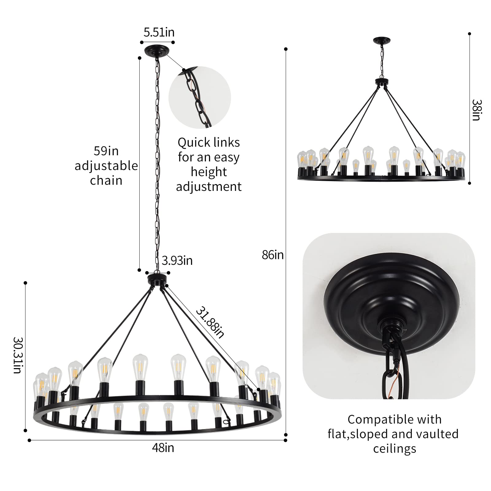 Wogon Weel Wagon Wheel Chandelier 24-Light 48-Inch, Black Round Rustic Farmhouse Chandelier Extra Large For High Ceilings, Dinin