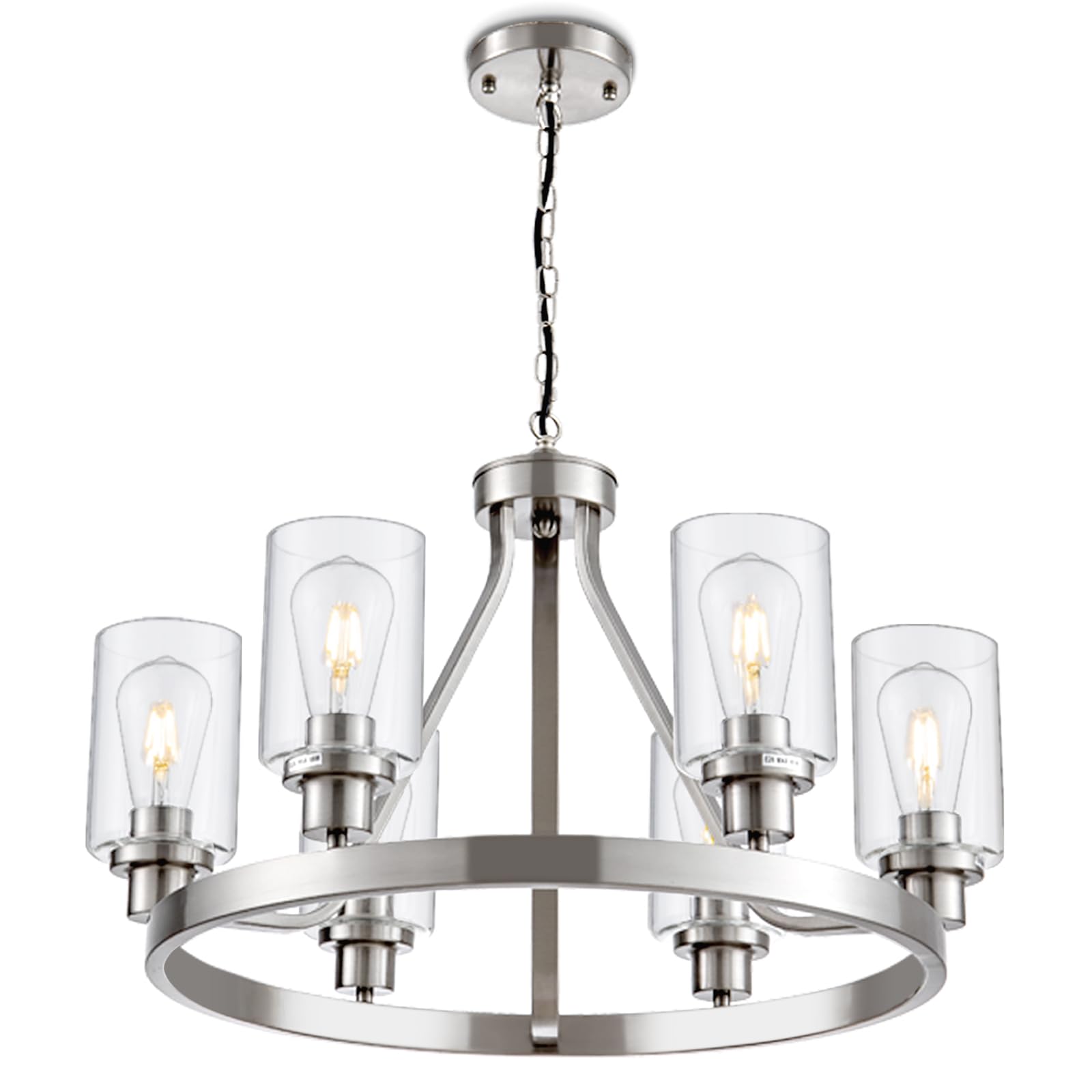 Hccz 6-Light Brushed Nickel Wagon Wheel Chandelier With Glass Shade For Dining Room & Living Room