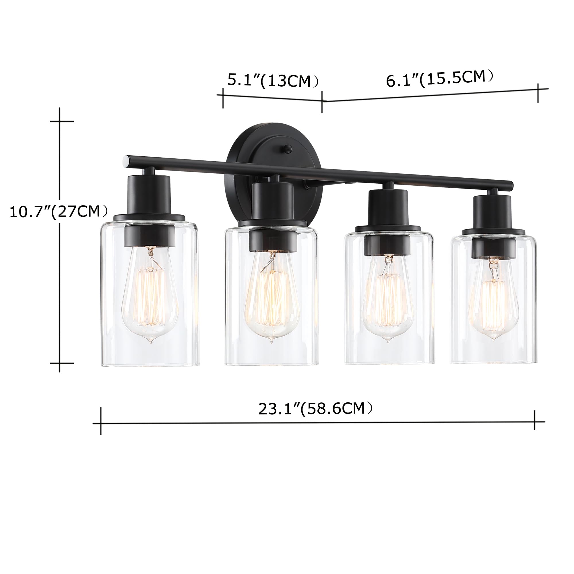Faymart Lighting 4-Light Black Bathroom Vanity Light Fixture, Glass and Metal, Over Mirror, Model 748327231386