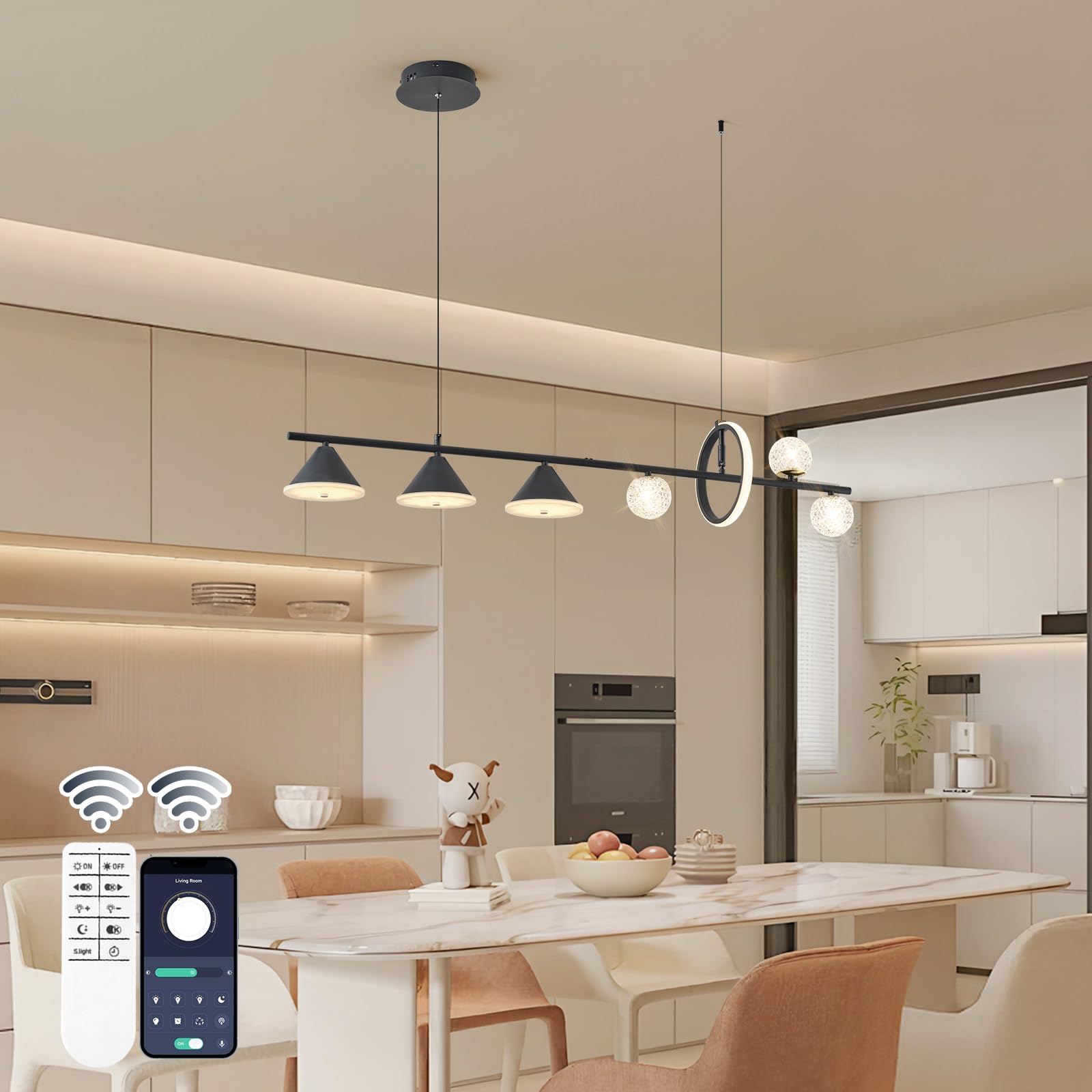 Oranoor Modern Led Pendant Lights, Dimmable 47In Linear Globe Led Chandelier Lighting, Black Dining Room Hanging Light Fixtures