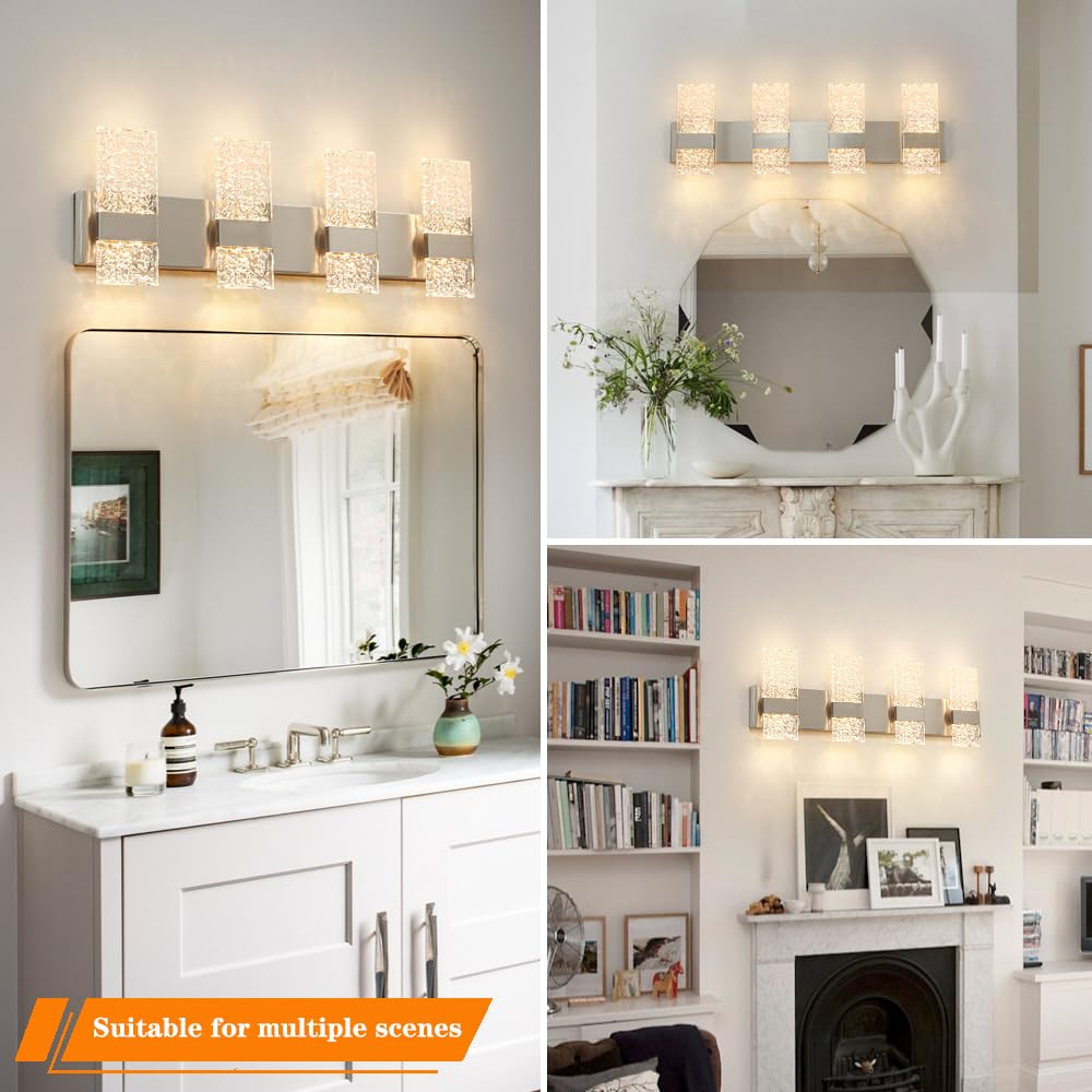 Modern Brushed Nickel 8-Lights Bathroom Vanity Light  Eleglant Nickel Led Bathroom Light Fixtures Over Mirror  Dimmable Acrylic Shade Wall Lighting Fixtures  Hardwired Wall Light(H9.25In  L28.35In)