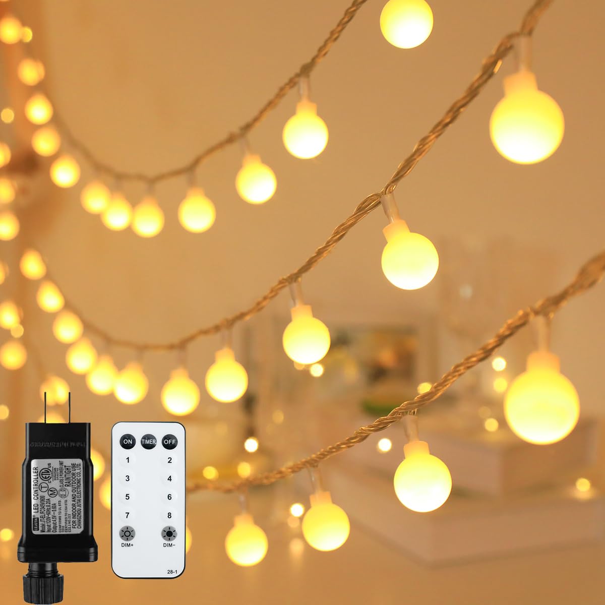 BAILONGJU Globe String Lights 115 Feet 200 LED,Plug in Fairy String Lights with Remote Timer Extendable, 8 Modes Indoor Outdoor 