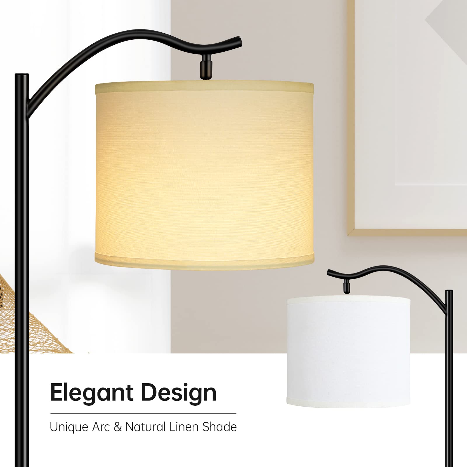 Boostarea Modern Led Arched Floor Lamp With Natural Linen Shade, 3 Brightness Levels, E26 Socket, Footswitch, 63-Inch Tall, Whit