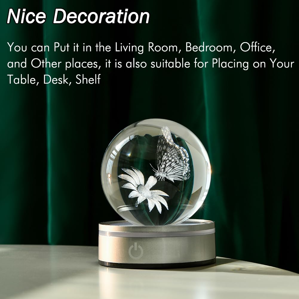 Ifolaina 3D Butterfly Crystal Ball Etched Butterfly Decor Night Light For Home Decor Butterfly Figurine Gift For Women Butterfly Lamp For Bedroom Unique Butterfly Gifts For Her