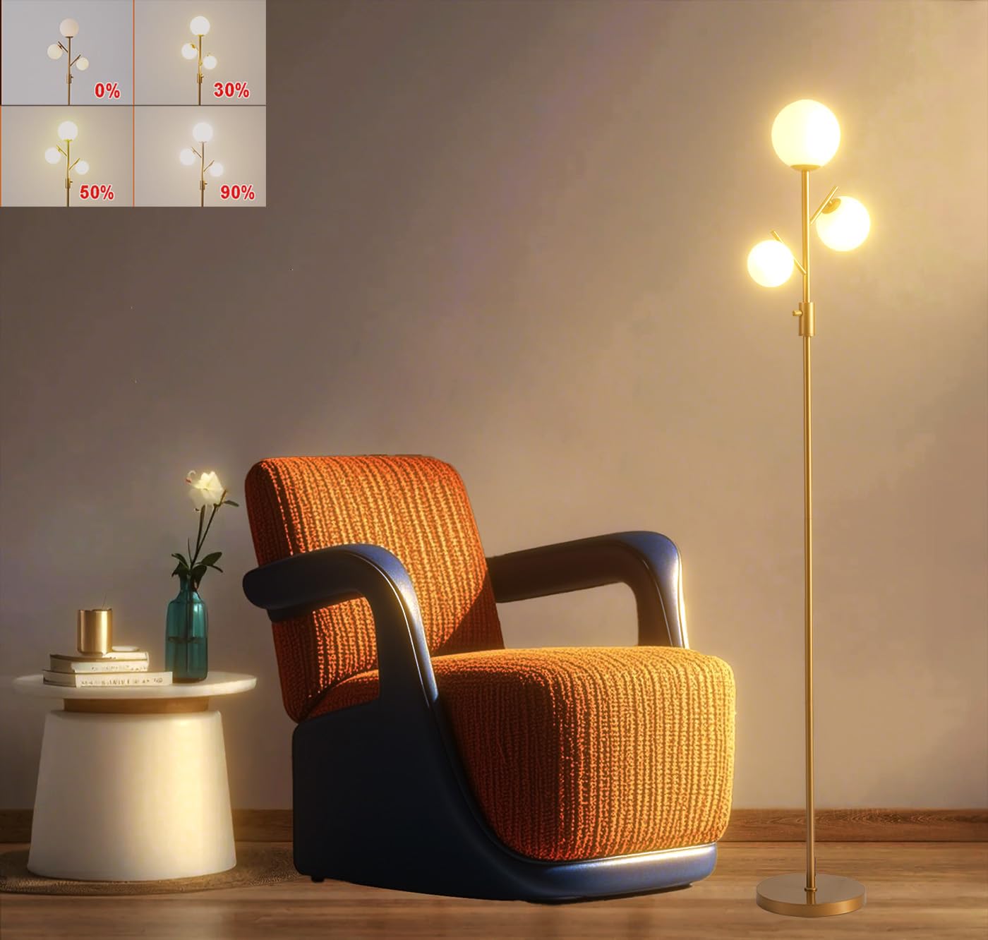 Fiqevs ?Upgraded? Dimmable Floor Lamp, 3 x 800LM LED Bulbs Included Brightness Adjustable, Mid Modern Globe Floor Lamps for Livi