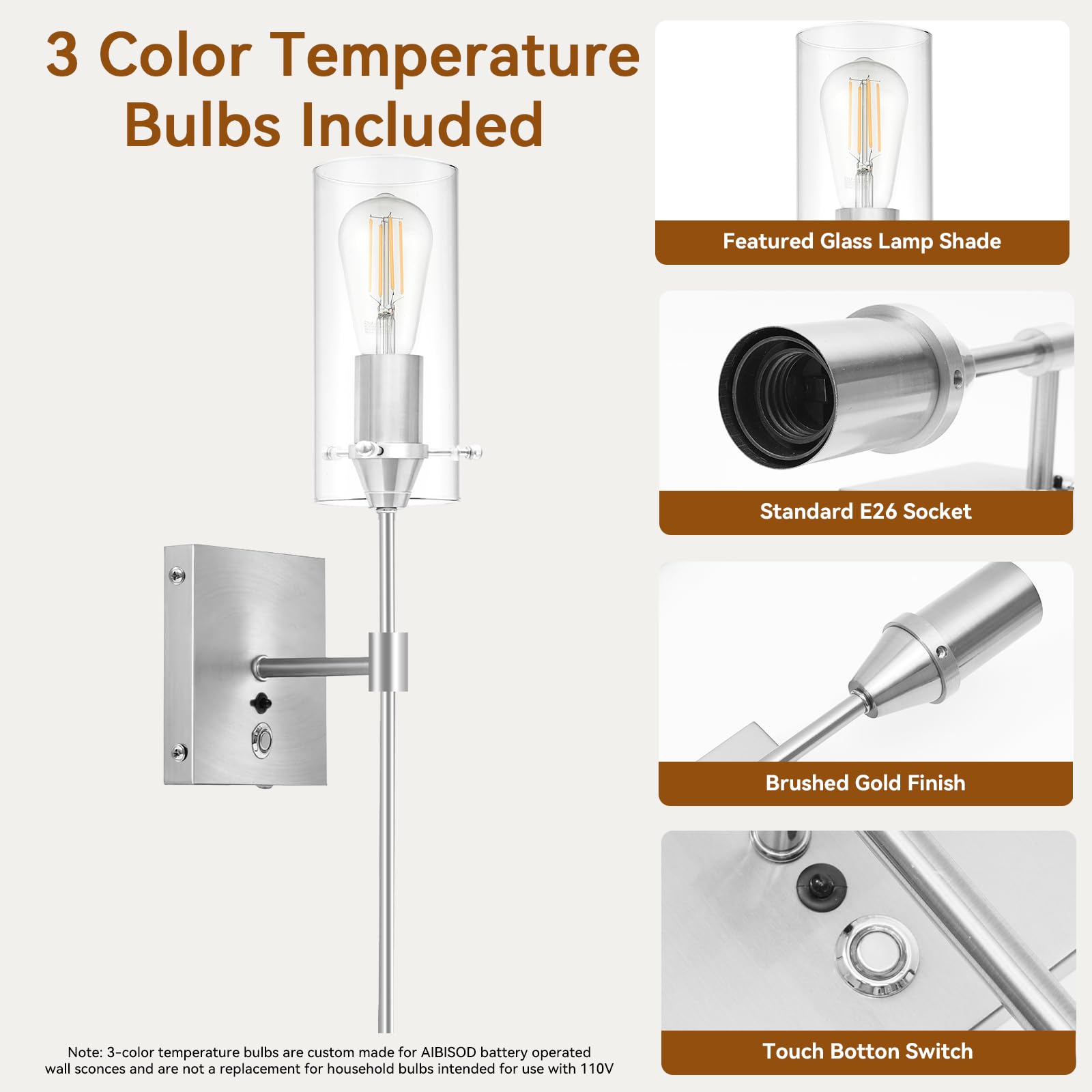 Aibisod 3-Color Battery Operated Wall Sconces With Remote Control Dimmable Battery Wall Sconces Set Of Two, Nickel Rechargeable