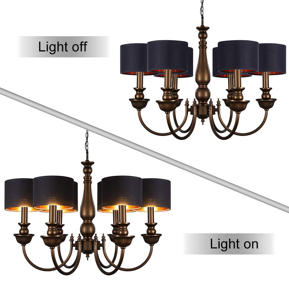 Wellmet Small Drum Lamp Shades Set of 6, 5.5"x5.5"x5", Black Gold Fabric, Clip-on for Candle Bulbs