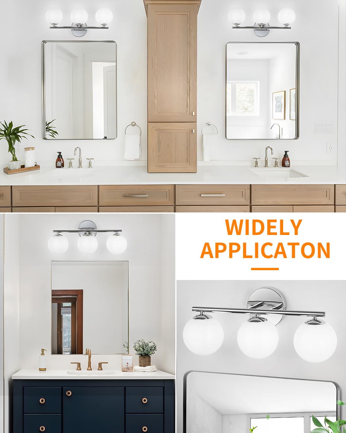 foucasal Chrome Globe Bathroom Light Fixtures, 3-Light Vanity Sconce, 11.81" Metal & Plastic Shades, Model ULYQBD47-3D