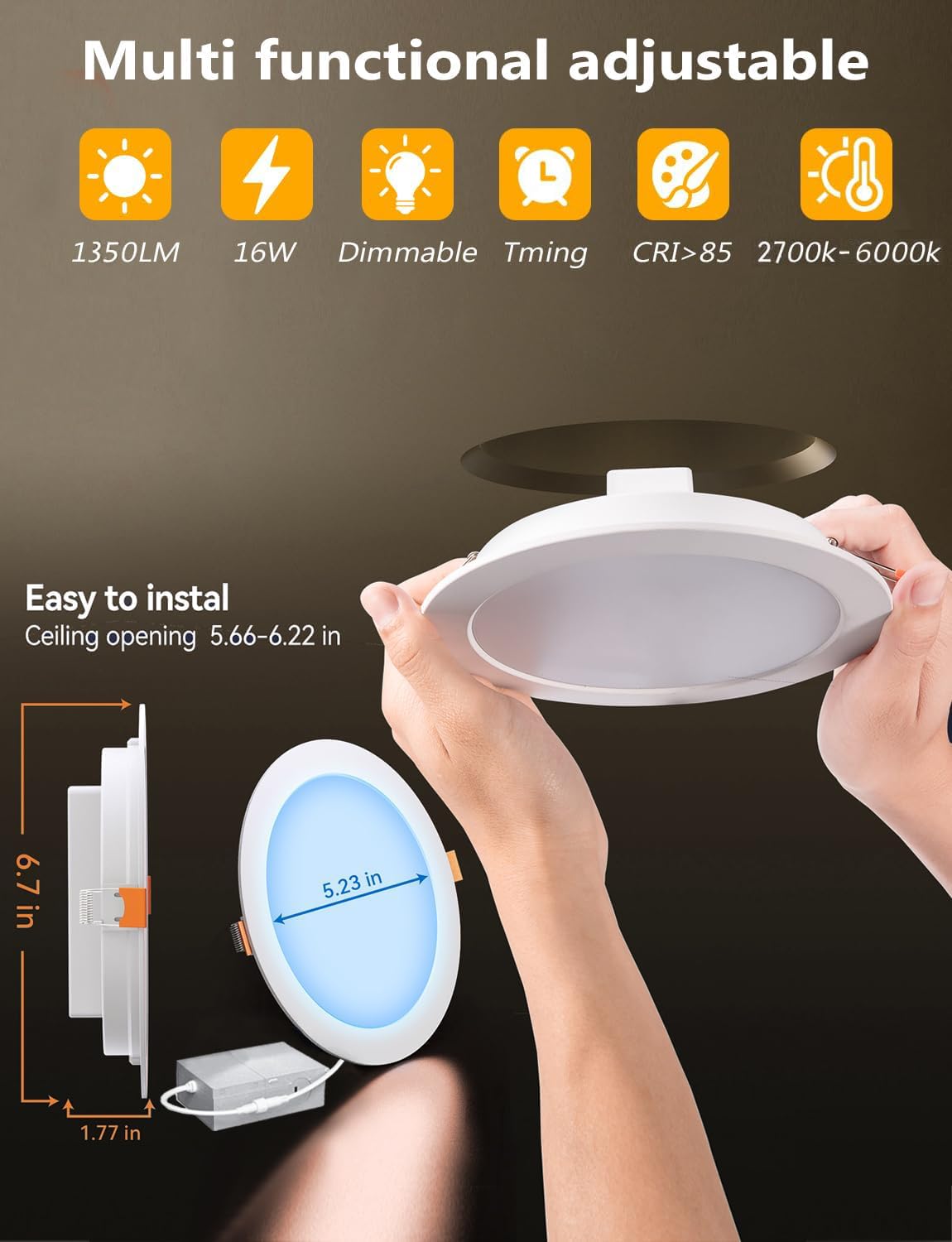 Richsing Smart Recessed Lighting 6 Inch Rgbcw Color Changing 16W Recessed Ceiling Light With Junction Box, App & Voice Control, 1350Lm Led Recessed Lights Dimmable By Bluetooth Control -10Pack