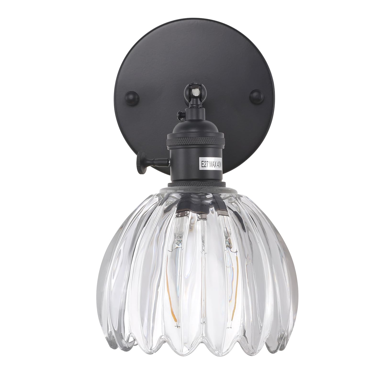 Shenmoyl Vintage Wall Sconce, 1 Light Hardwired, Transparent Tulip Glass, Adjustable, Black Base, Model 1-9412