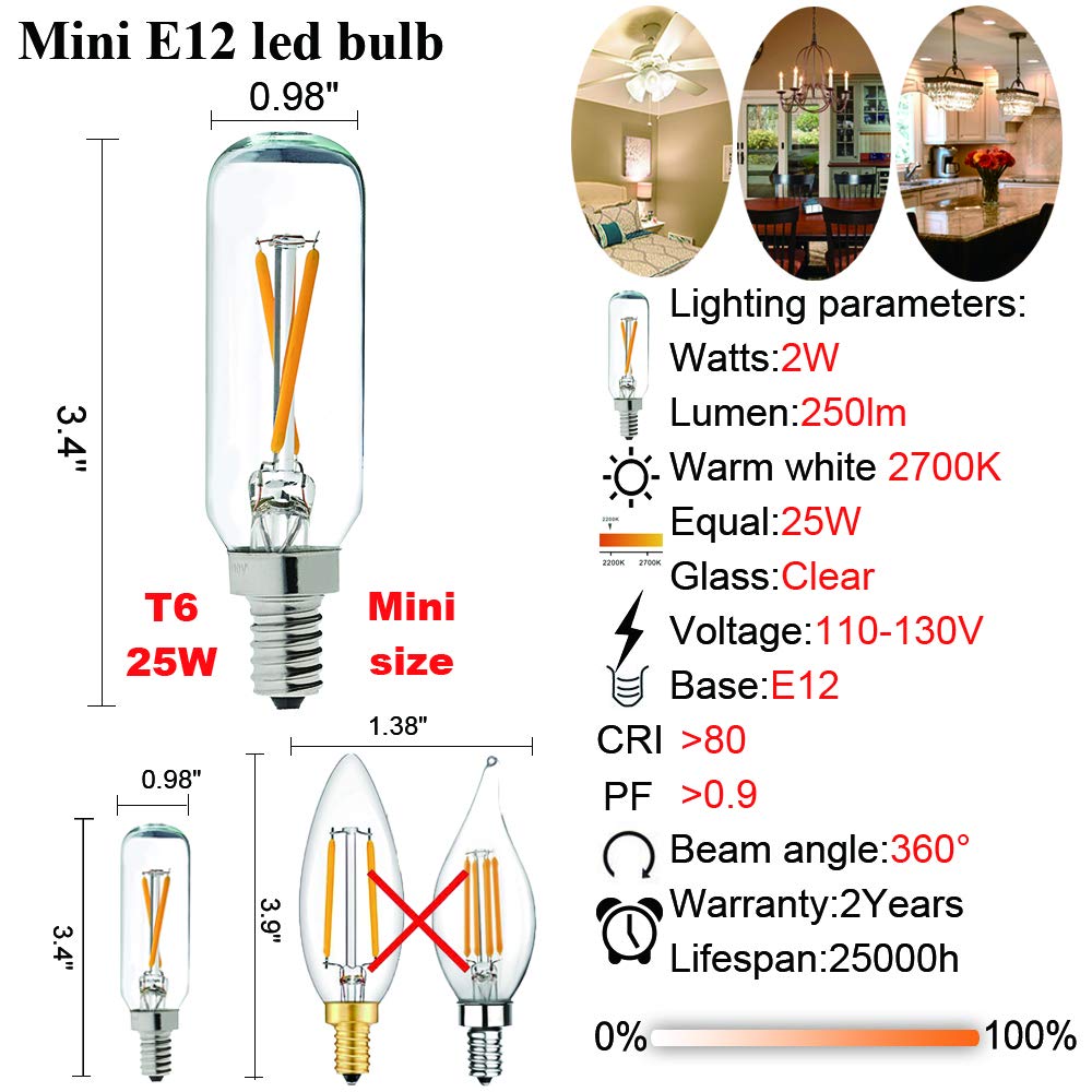 LiteHistory Dimmable T6 LED Bulb 25W Candelabra Clear Glass 2700K 200lm 6 Pack