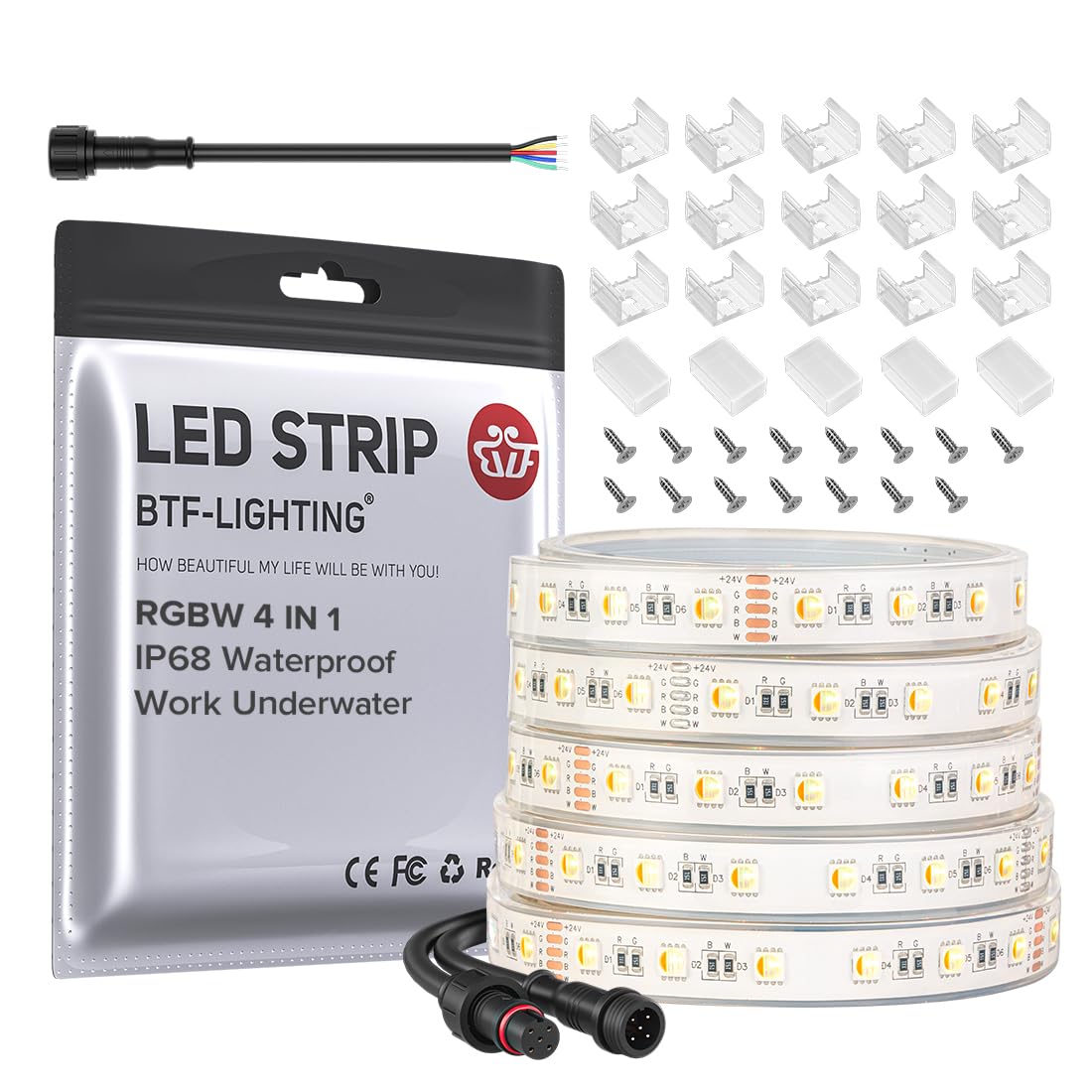 BTF-LIGHTING IP68 Waterproof Outdoor RGBW LED Strip 5050SMD RGB+Warm White(3000K-3500K)4 Color in 1 DC24V 16.4ft 5m 60LED/m Mult