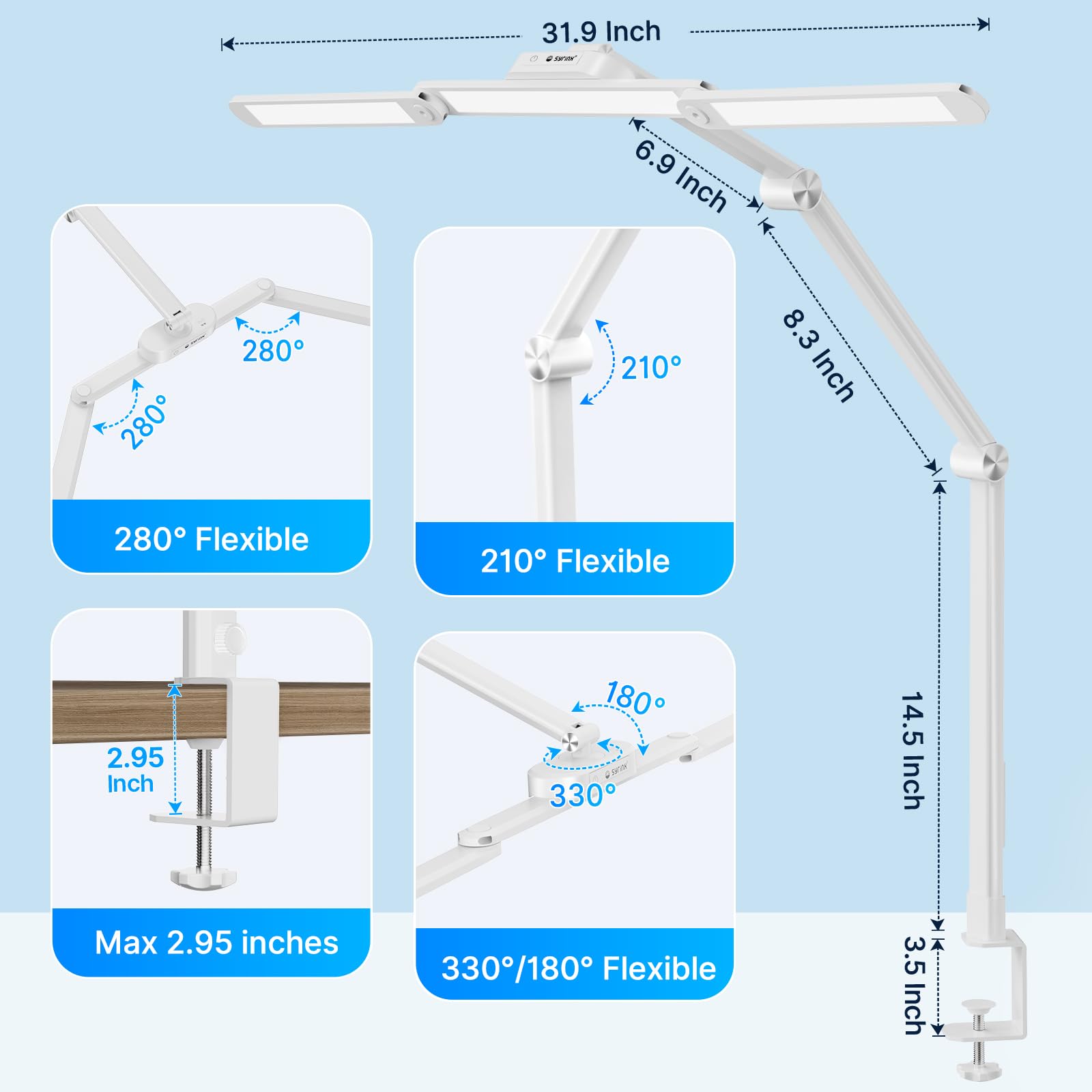 Syrinx Desk Lamp, 24W LED with Gesture Sensor Switch, Remote Control, White Pro, Model LDL023W, Clamp for Tables Up to 2.95 inches Thick