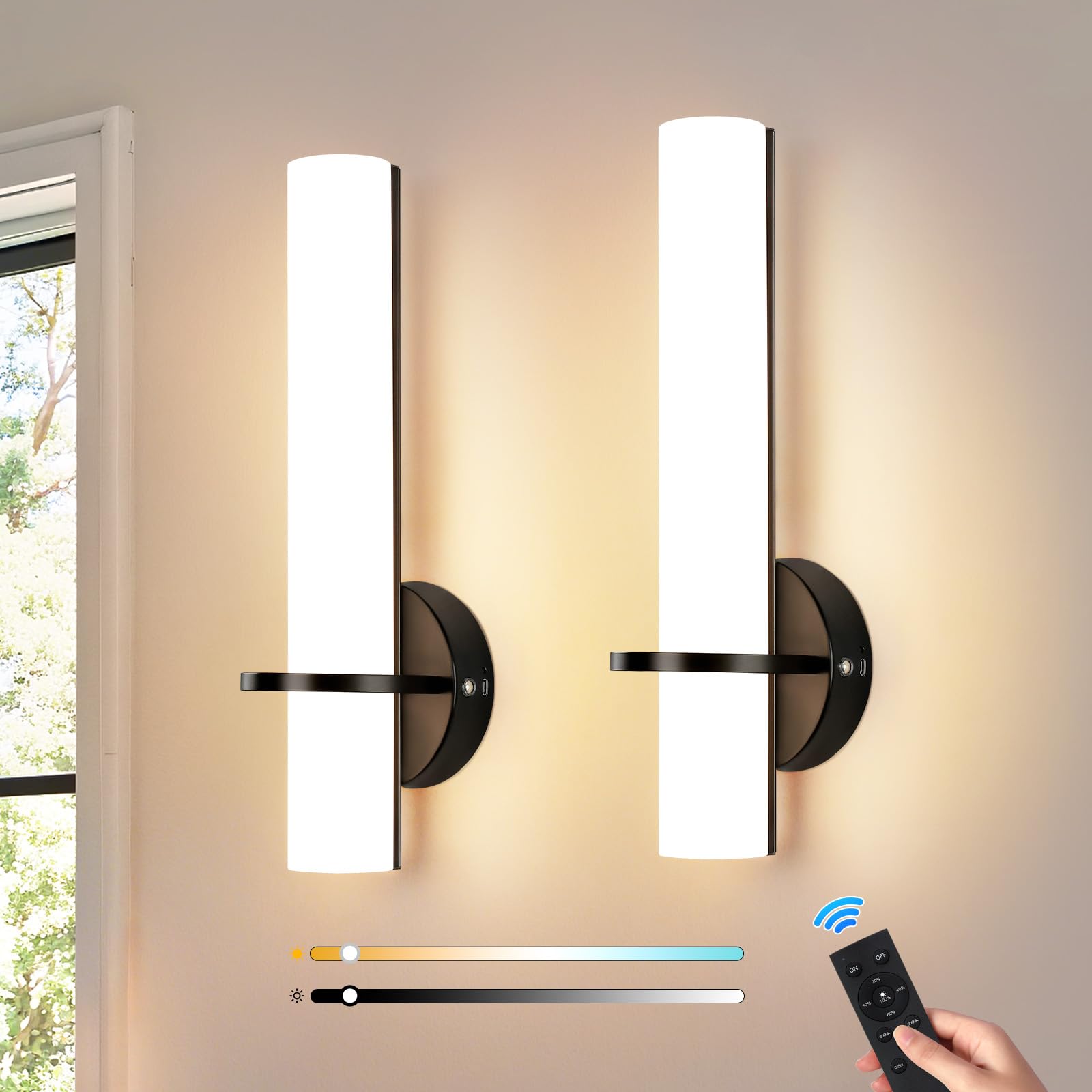 AIJIASI Black Battery Operated Wall Sconces Set of 2, Dimmable LED, 15 Inch, Rechargeable, Remote Control, Model 8001WL