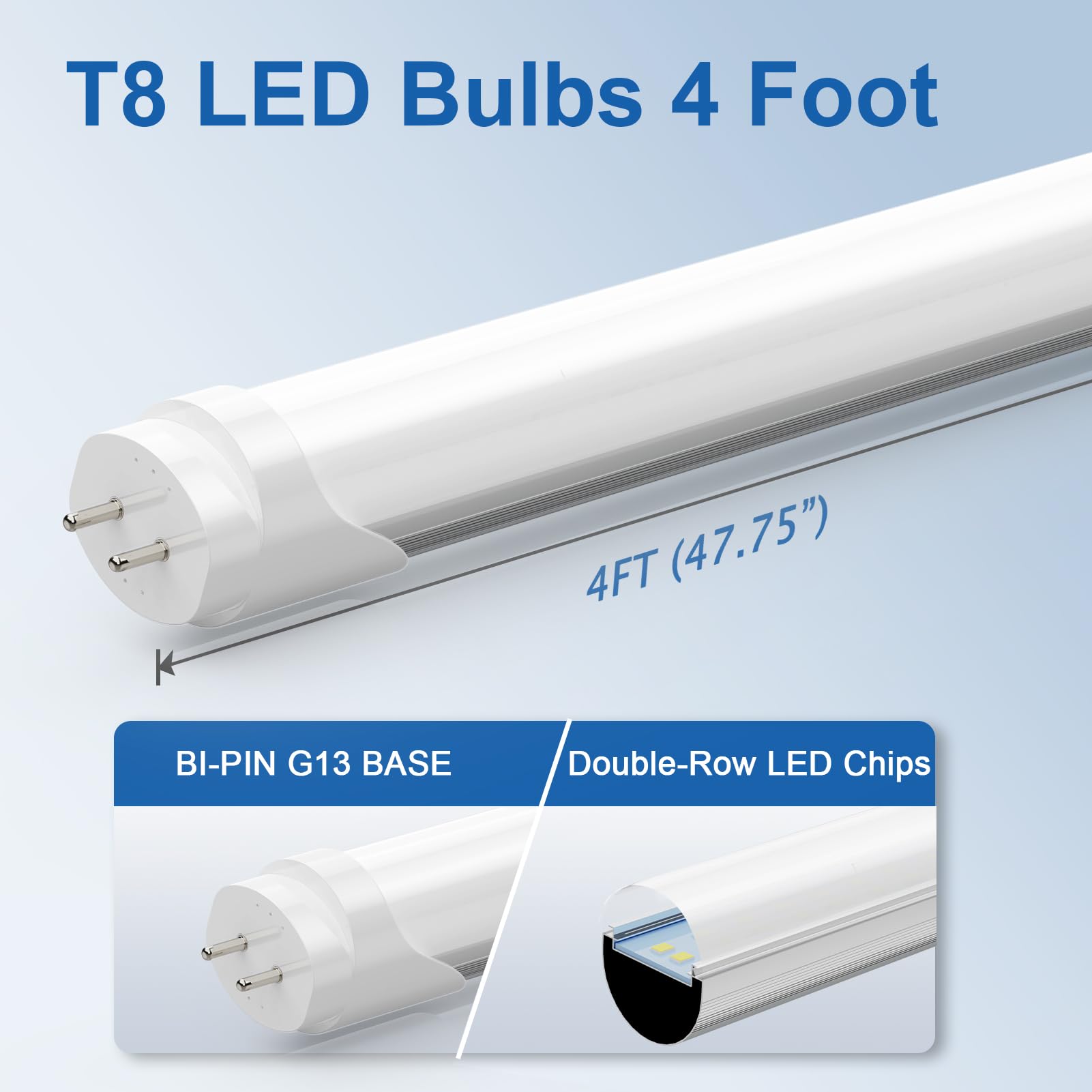 Reisener T8 Led Bulbs 4Ft, 24W 3120 Lumen, T10 T12 65W Equivalent Fluorescent Replacement, 6500K Cool White, Type A+B 4 Foot Tub