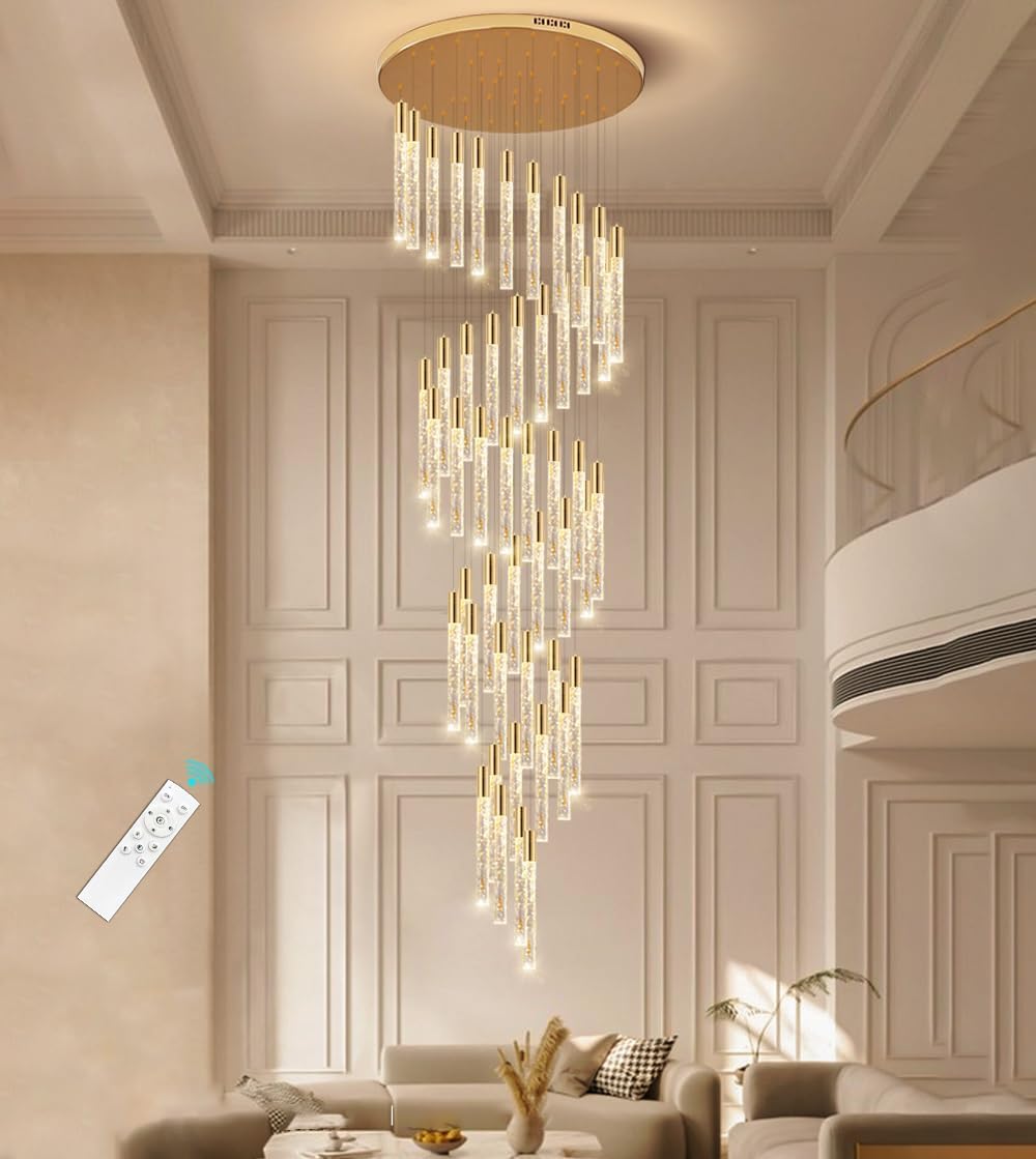 HAIXIANG 20 Foot 48-Light Gold High LED Dimmable Chandeliers Ceiling Pendant Light Fixtures Remote Control Light Fixtures Crysta
