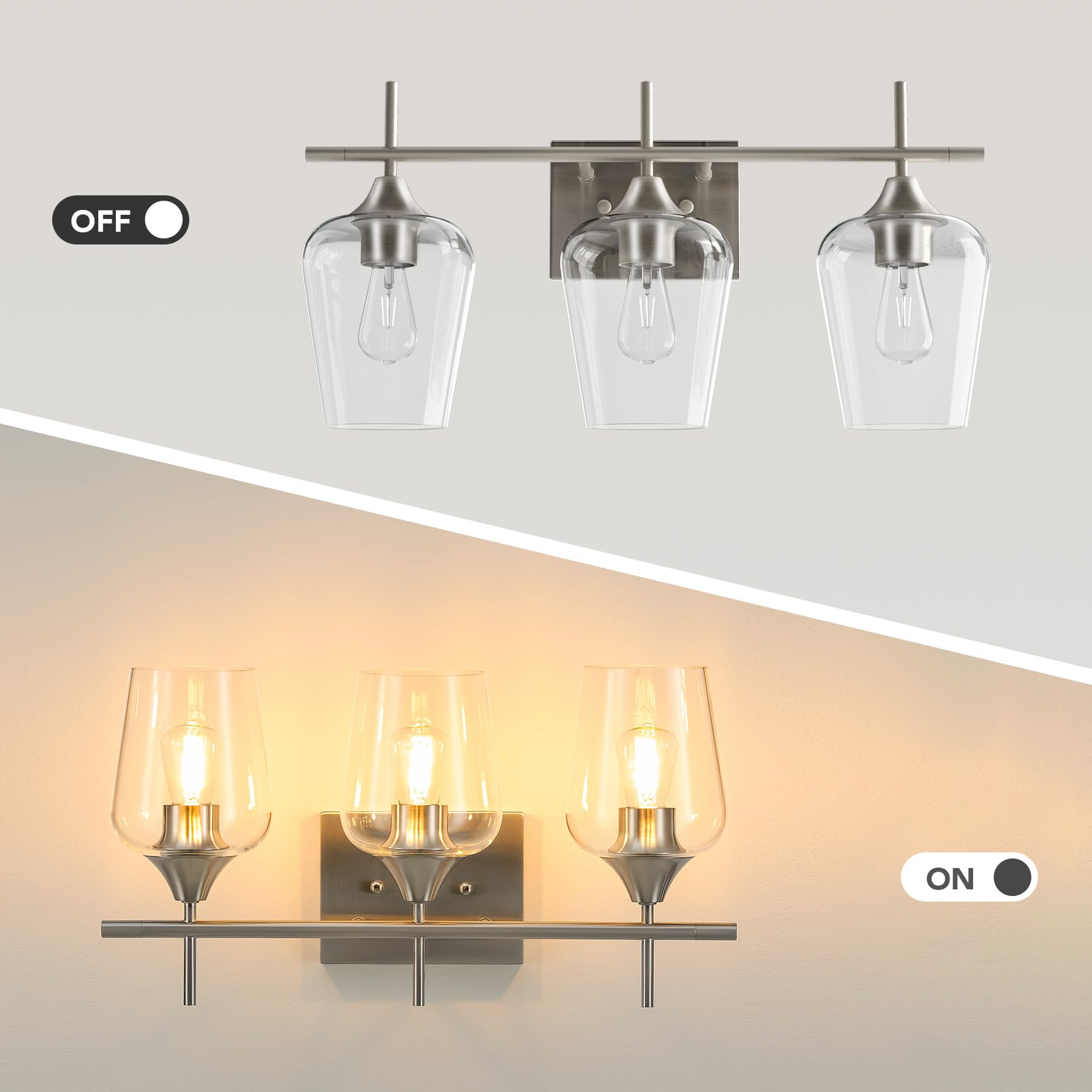 VONLUCE Bathroom Vanity Light Fixture, 3-Light, Modern Brushed Nickel, Clear Glass, Model HCF2803NIVONLUCE
