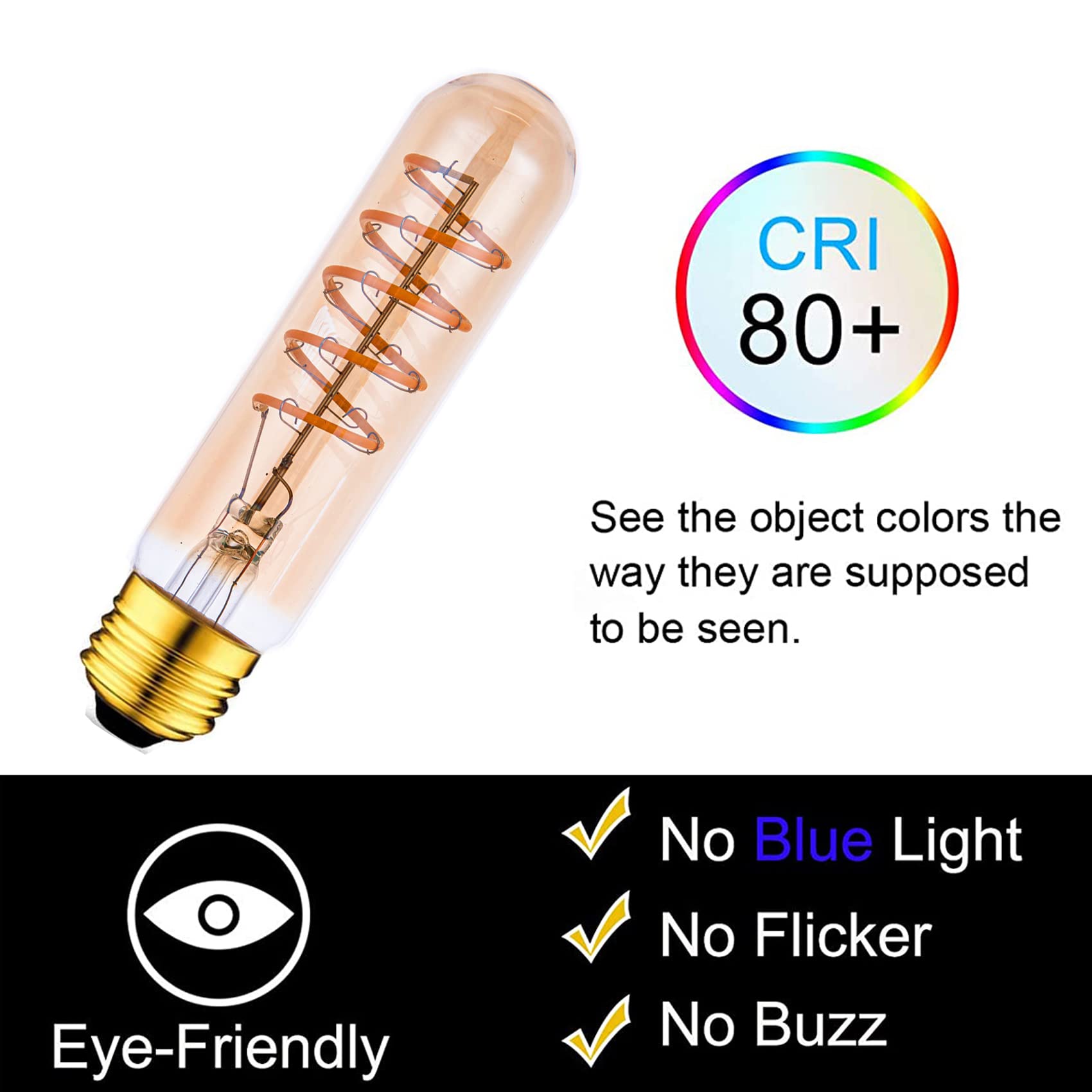 T10 Led Bulbs 40 Watt Equivalent 4W Dimmable Edison Tubular Light Bulb E26 Medium Base 2700K Warm White, T10 Vintage Amber Glass