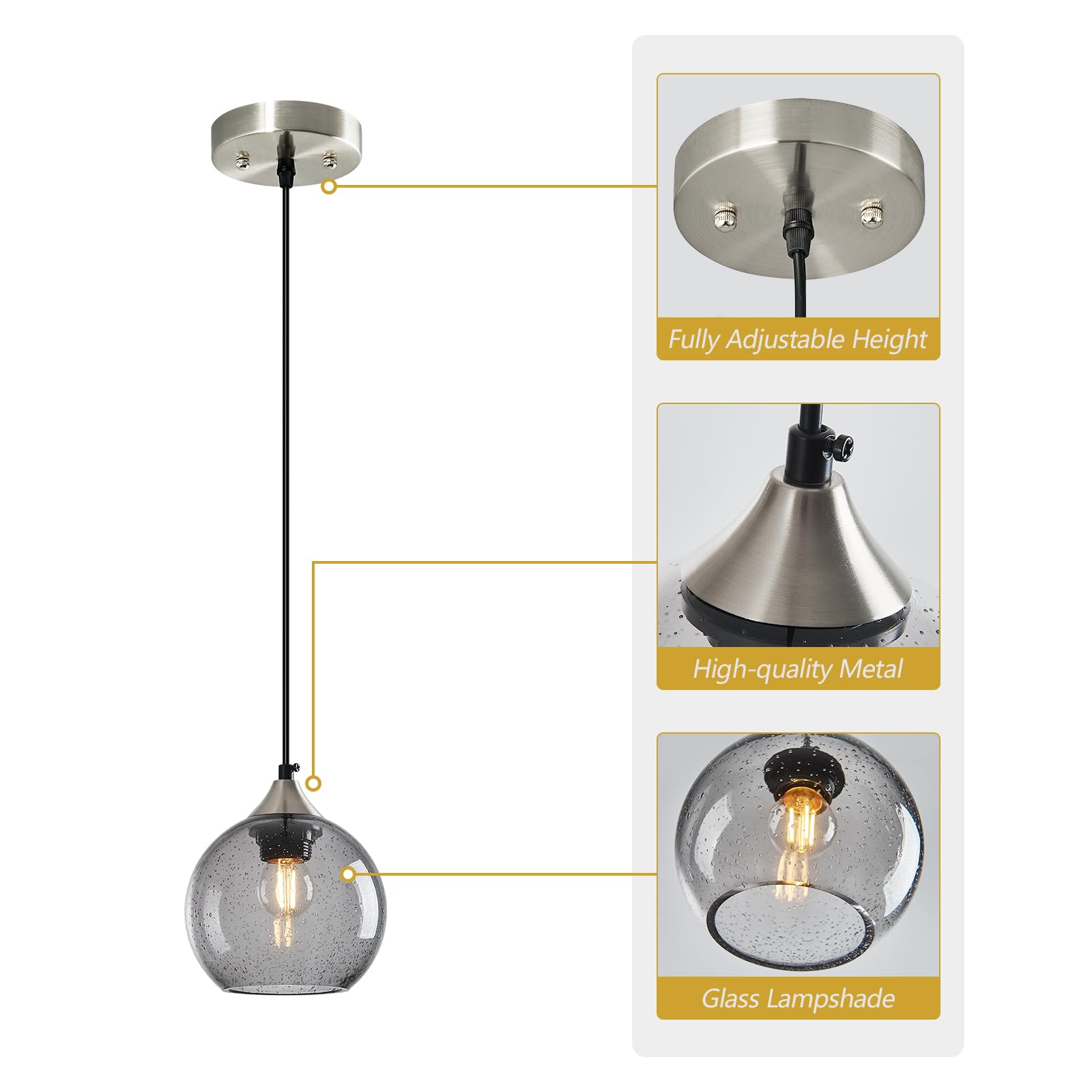 Lbsqj Light Grey Glass Pendant Lights Kitchen Island Globe Pendant Light Fixtures Modern Pendant Lighting For Bedroom Living Dining Room Light Fixture (5.9 In  3 Pack)