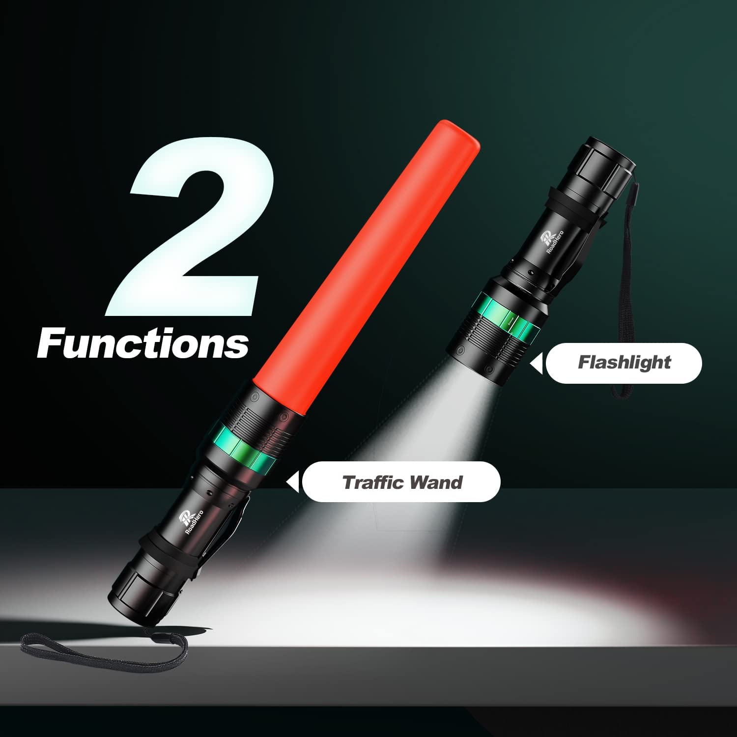 RoadHero Traffic Wand 2 Pack - 11 Inch LED Flashlight Baton, Orange Safety Wands, 5 Flashing Modes for Airport & Parking Control