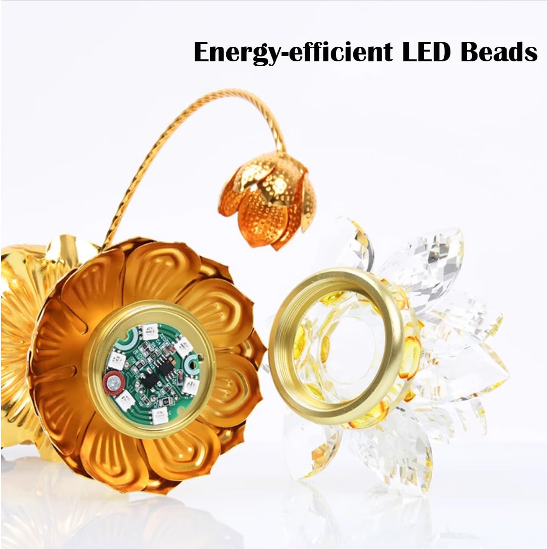 Omeet Colorful LED Crystal Lotus Lamp - 8 inch Pale Gold Buddha Light for Worship & Display, Model OMNLA0124D