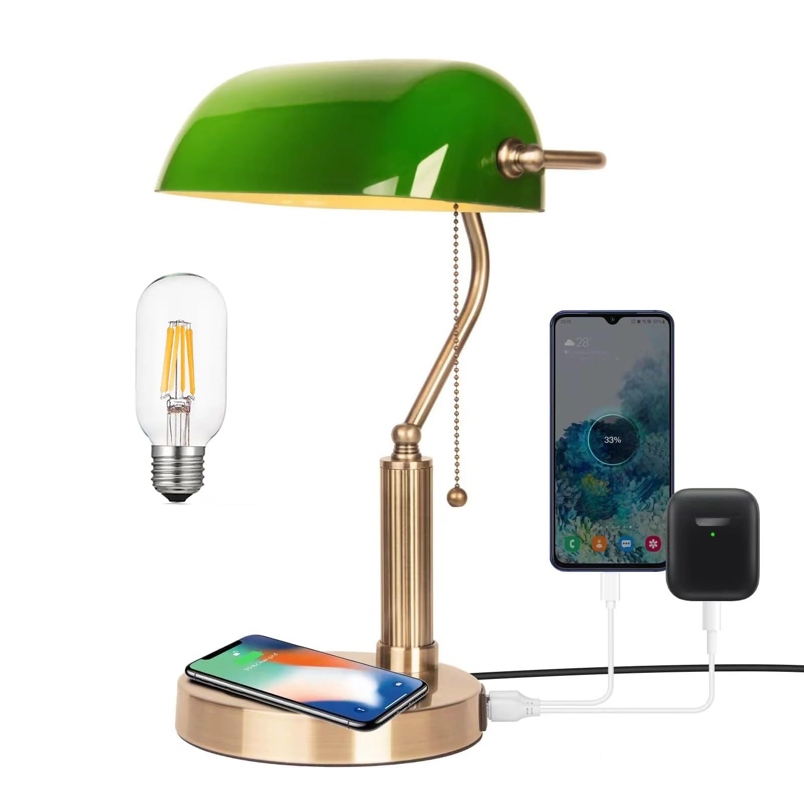 FIRVRE Glass Bankers Desk Lamp with Wireless Charger  2 USB Charging Port  Vintage Desk Lamp with Pull Chain Switch  Retro Table Lamps for Home Office  Piano  Library (Bulb Included)