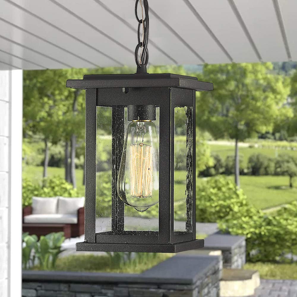 Emliviar 1-Light Outdoor Pendant Light, Black Finish With Seeded Glass, Medium Hanging Fixture